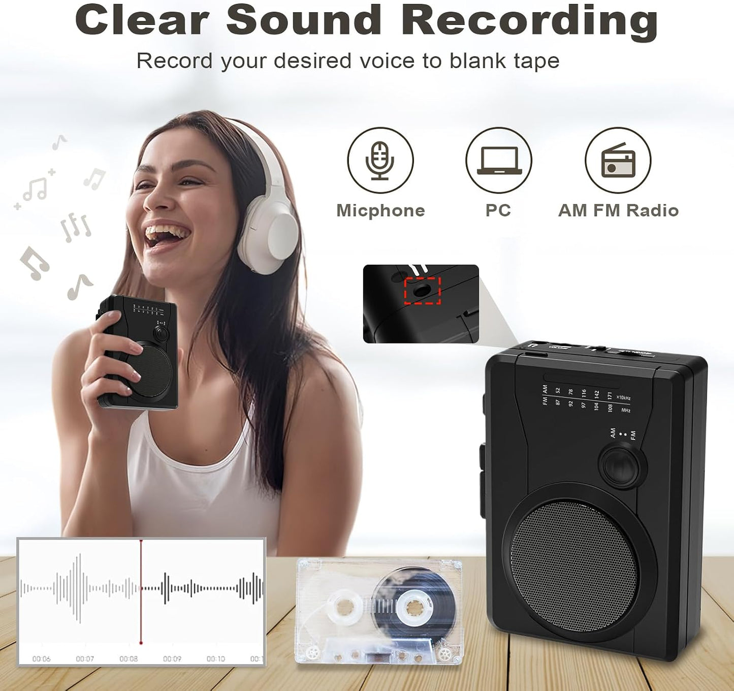 Cassette Cassette MP3 Portable Player & Recorder, Tape to Digital Converter, AM/FM Radio Station, Reverse Recording