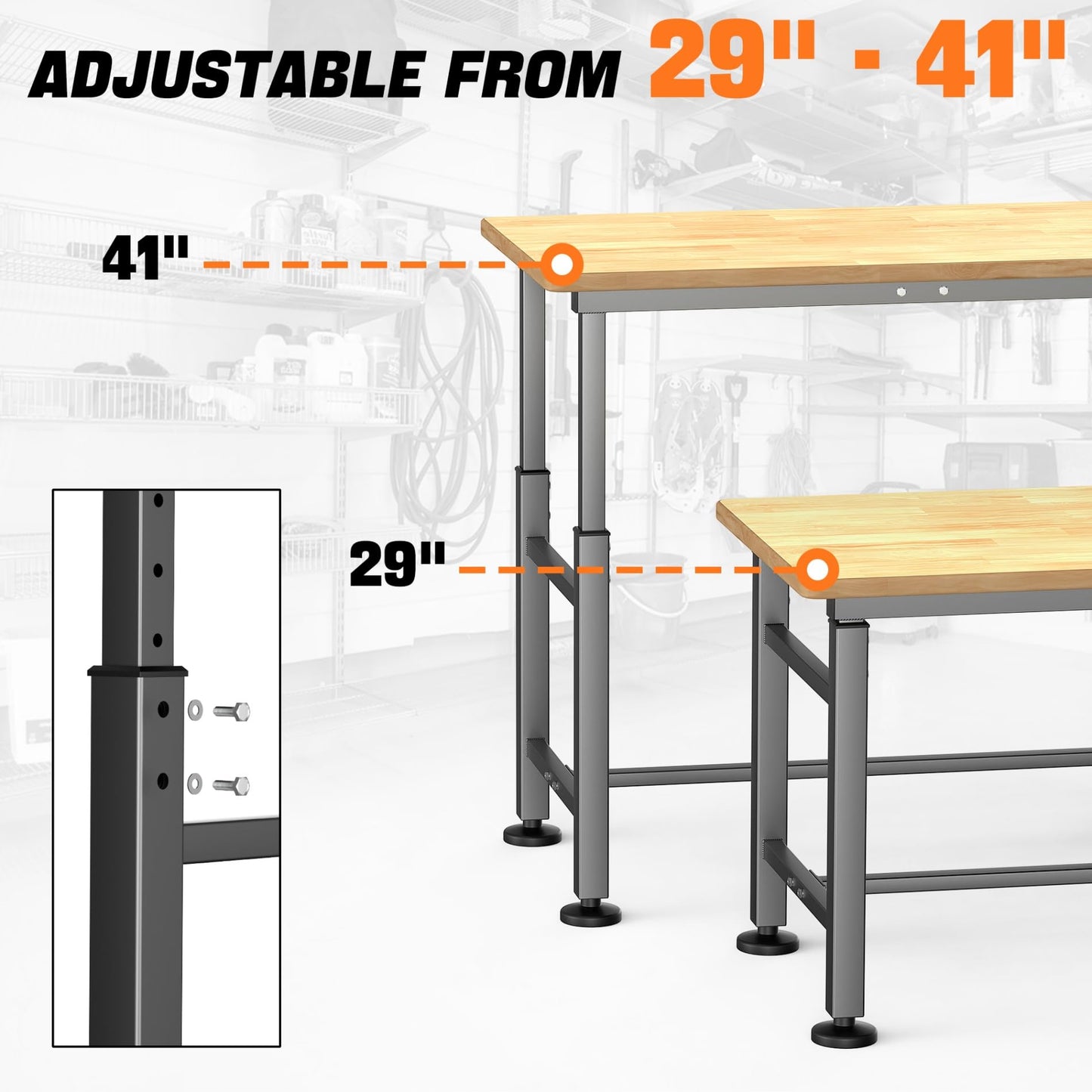 TORACK Adjustable Workbench with Rubberwood Top, 47.75" x 23.25" Heavy-Duty Garage Work Table, Height Adjustable 29"–41", Supports Up to 2000 lbs