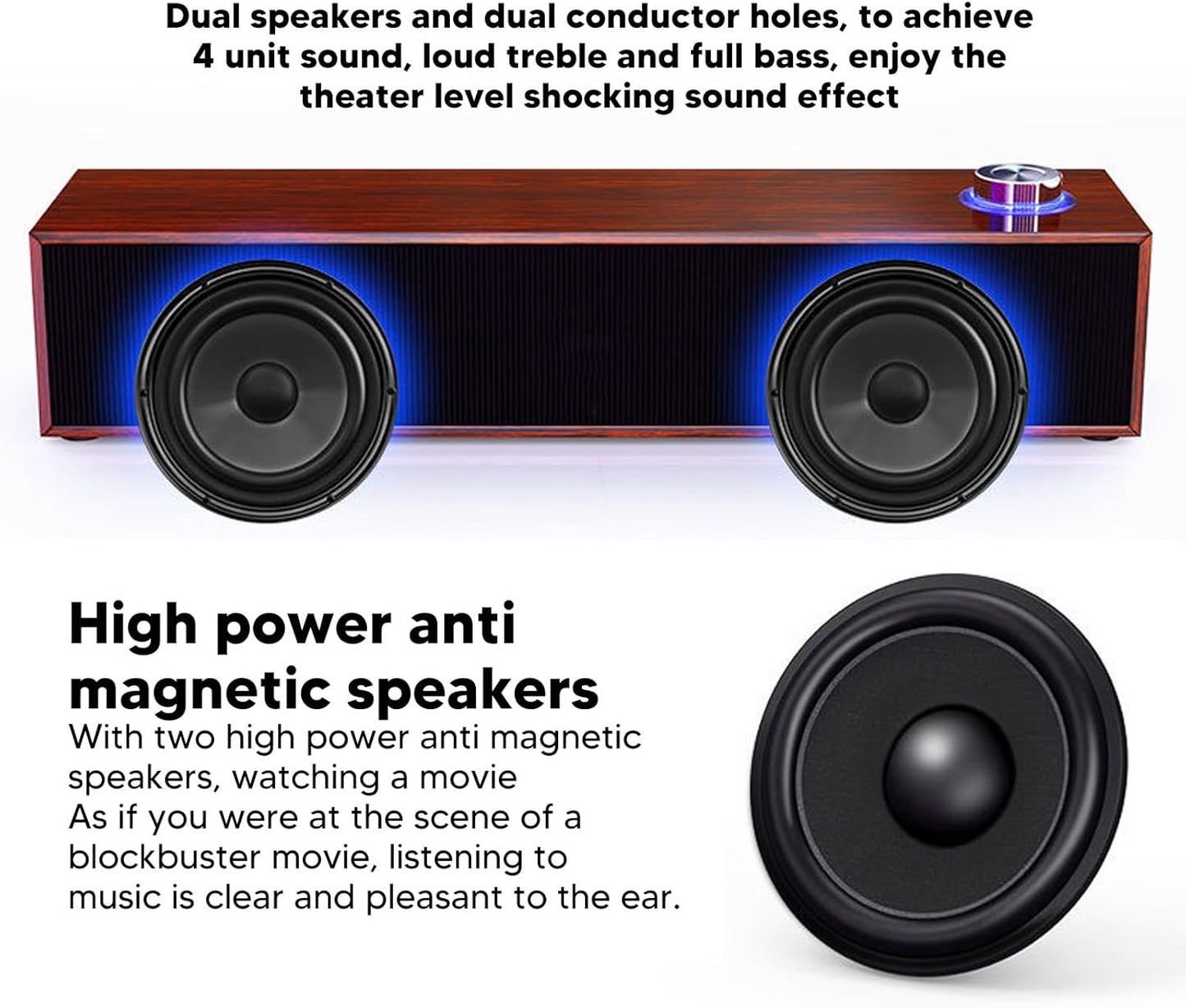 Diyeeni 3.5mm 1.2m Wooden Computer Speaker, USB Powered PC Speakers, HiFi Stereo Sound Computer Sound Bar for Desktop
