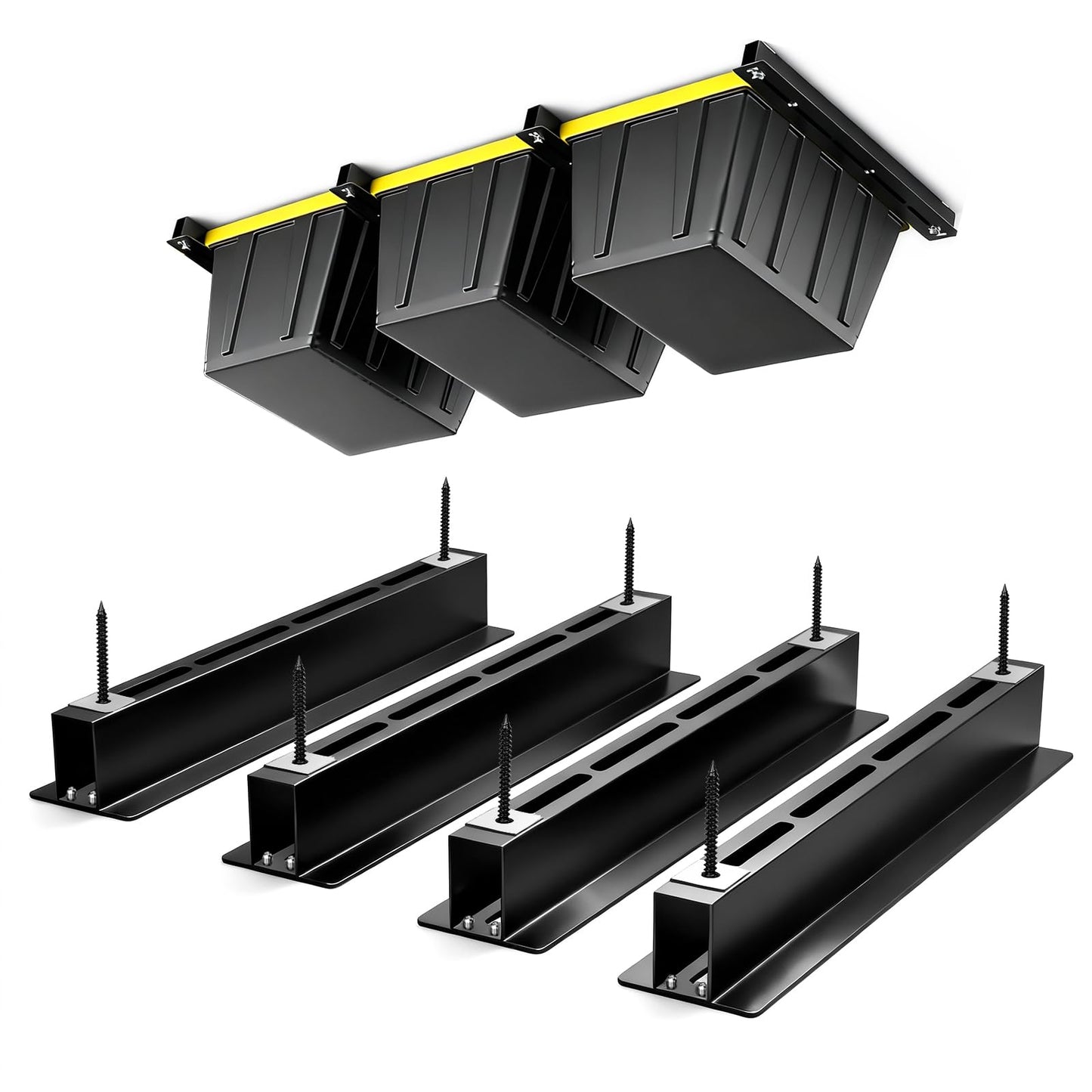 Yuleimy Overhead Garage Storage Rack for 27 Gallon Totes (6-Pack for 3 Bins), Heavy Duty Metal Ceiling Mount Hanging Bin Rails, Adjustable Storage Track System for Workspace Organization
