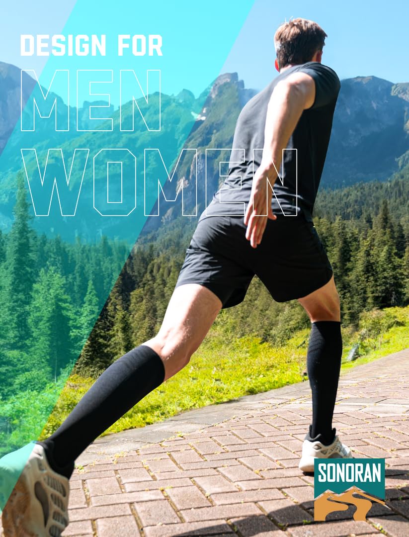 SONORAN 2 Pairs Compression Socks for Men & Women 20-30 mmHg Graduated Compression Socks Knee High Best Support for Running, Travel, Athletic L/XL（Black Blue）