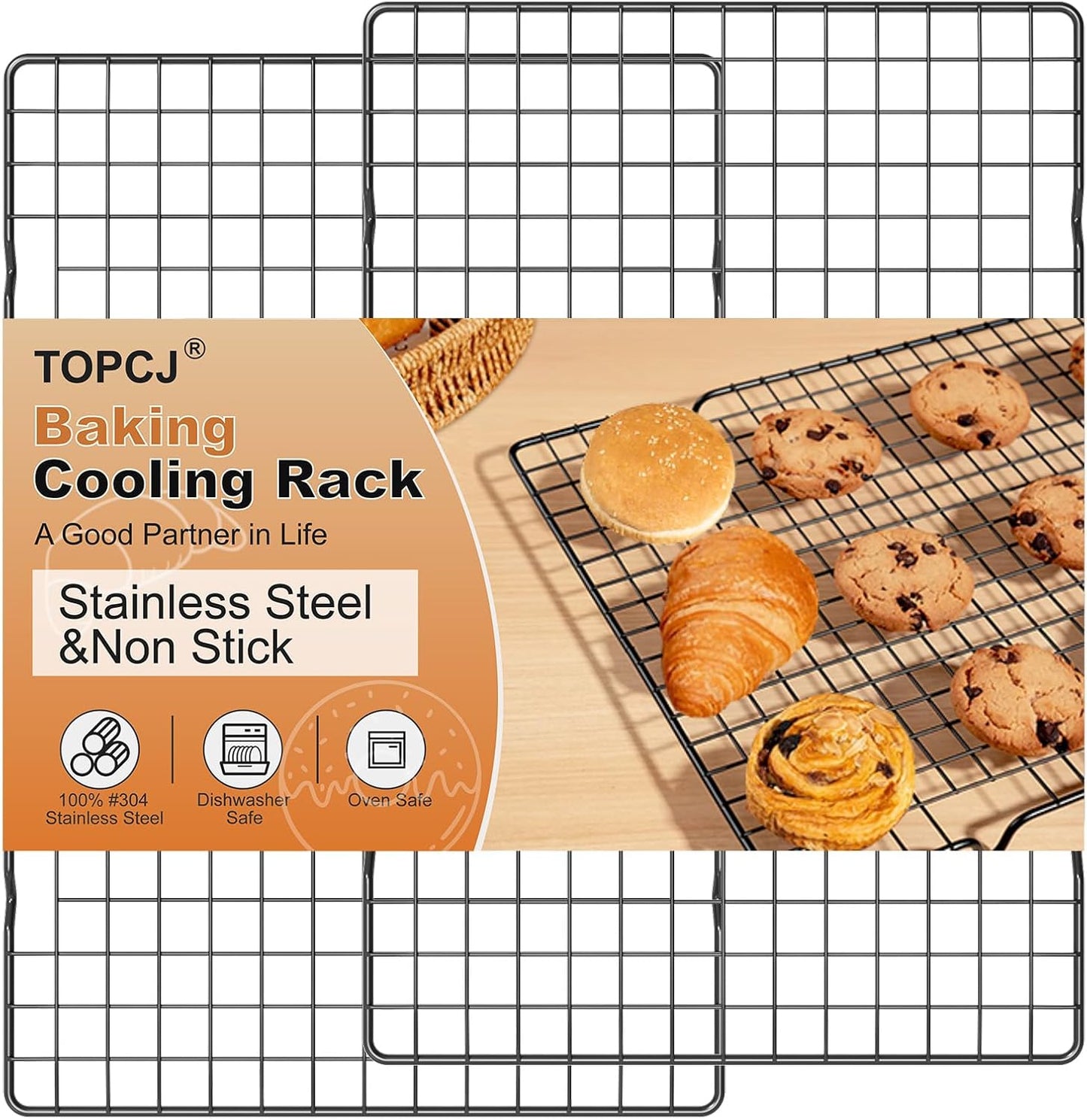 TOPCJ Cooling Rack - 2PCS Heavy Duty Stainless Steel Baking Rack | 10”X15” Non-Stick Grilling & Roasting