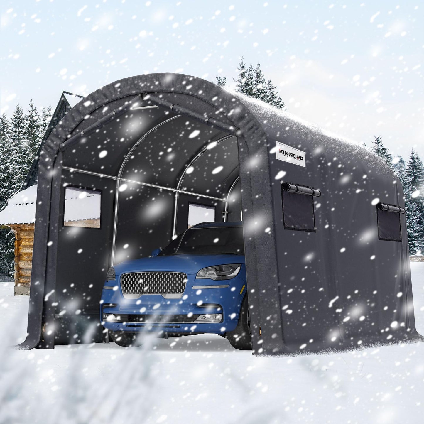 KING BIRD 10' x 15' Round Style Garage Carport Shelter Heavy Duty Storage Shelter Portable Canopy Shed with Roll-up Ventilated Windows for Boat, Patio Furniture and Lawn Mower-Dark Gray