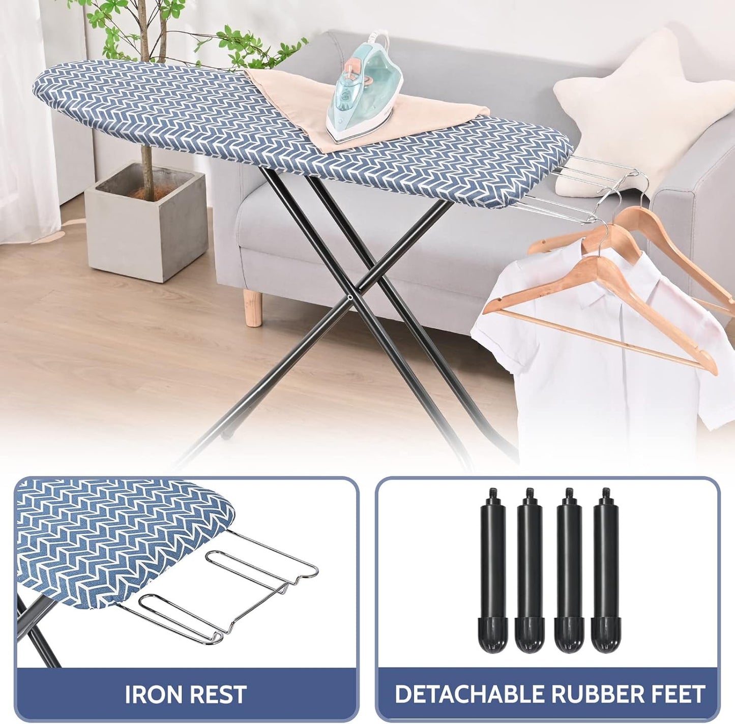 APEXCHASER Ironing Board Full Size, Iron Board with Ironrest, Lightweight Iron Table Stand Adjustable Height, Foldable Iron and Ironing Boards Set with Thick Padding, Sturdy Metal Legs, Blue 43x13