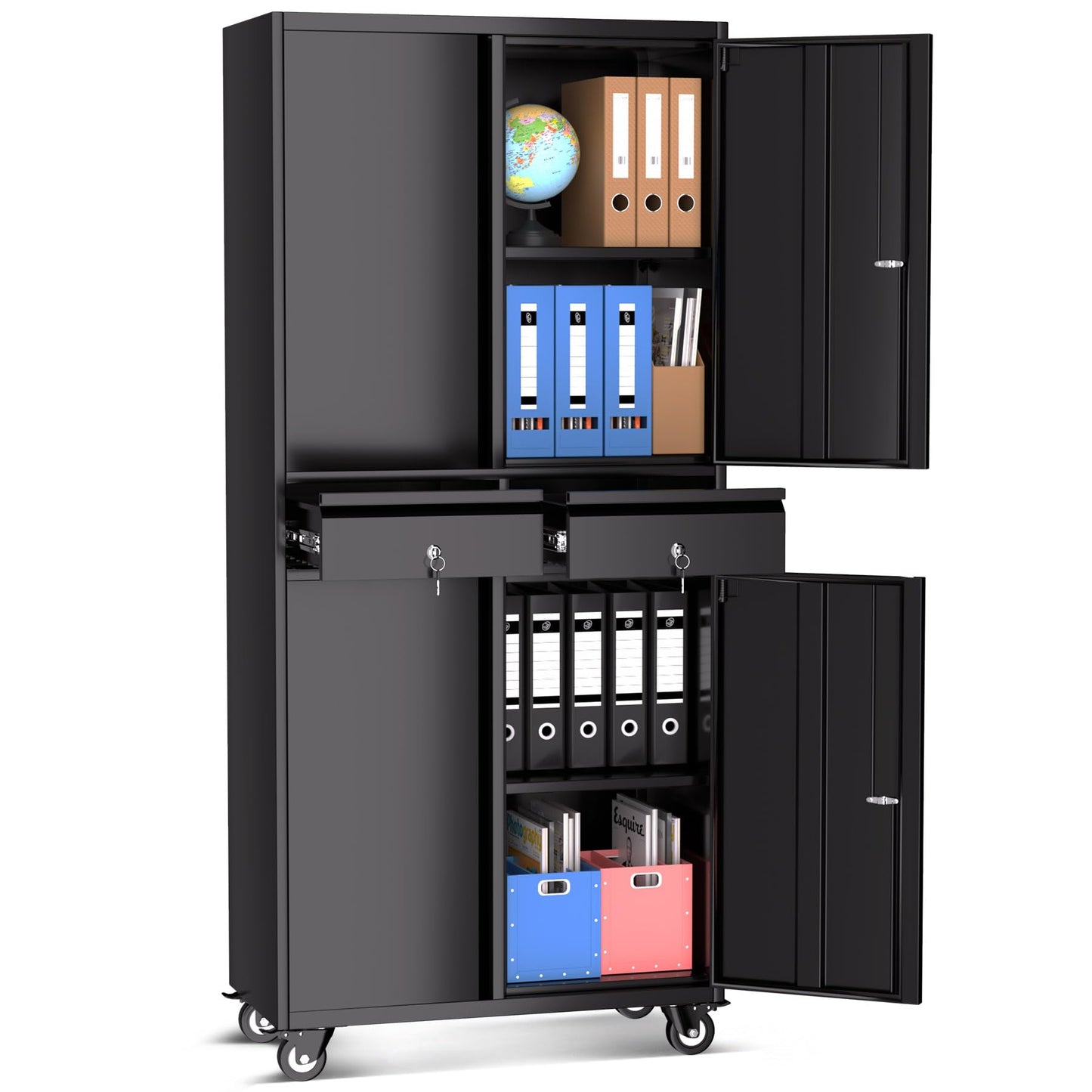 IDEALHOUSE 73'' Metal Storage Cabinet, Heavy Duty Garage Storage with Wheels, Locking Doors and 2 Drawers, Adjustable Shelves for Garage, Workshop, Office, Black