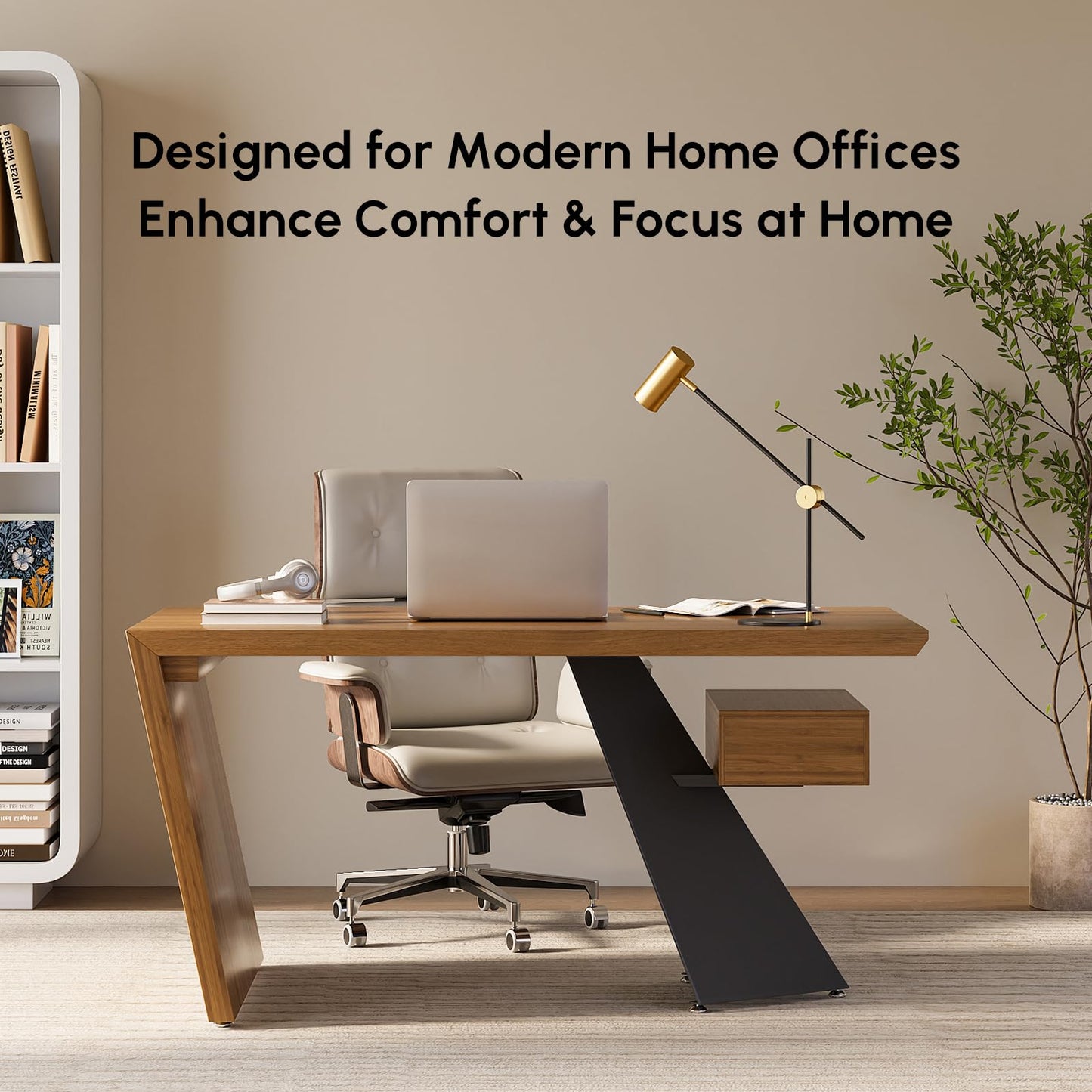 homary 55.1" Rustic Industrial Writing Desk, Home Office Desk with Drawer Natural Wooden Desk Home Office Computer Desk