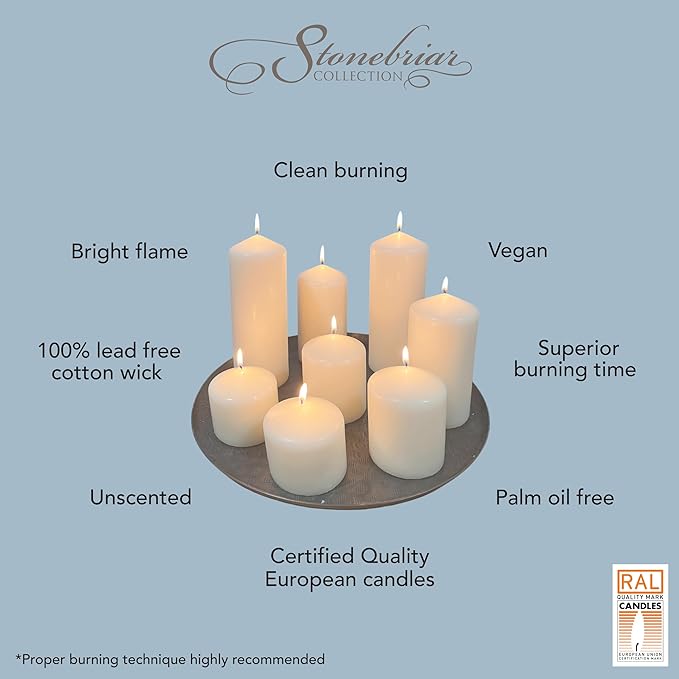 Stonebriar 3 Pack Tall 3 x 3 Inch 18 Hour Long Burning Unscented White Wax Pillar Candles