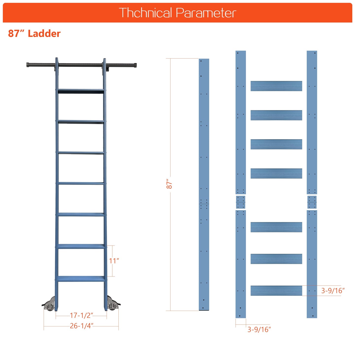 DIYHD 87" Sliding Library Ladder with 7 Steps, Telescopic Top Hook, Lightweight Rolling Ladder with Upright Space-Saving Storage, Kit with 4FT Sliding Rail, Bottom Rollers, 300lbs Capacity, Blue