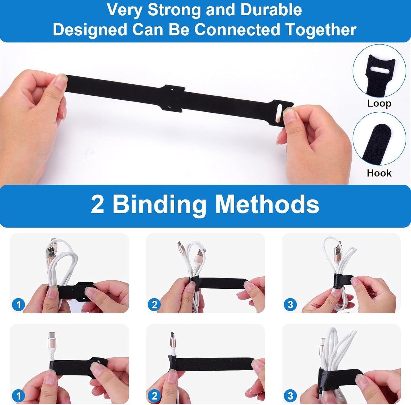 50 XANGNIER Pair Cable Management Under Desk,Adjustable Hook and Loop Cable Ties,Self Adhesive Cord Organizer,Reusable