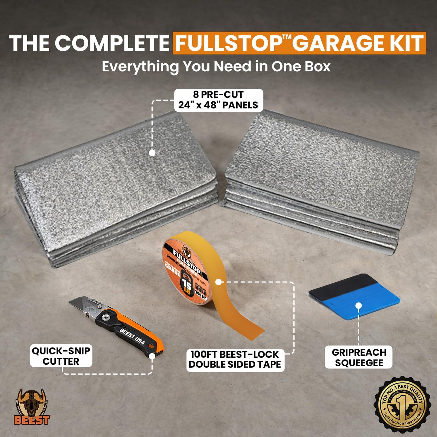 BEEST FULLSTOP Garage Door Insulation Kit - 8x8 & 8x7 ft Single Garage Door Insulation Panels - 8 Pre-Cut 24x48 Foam-Core Panels w/ Tape, Cutter & Squeegee - Easy DIY for Instant Temperature Control