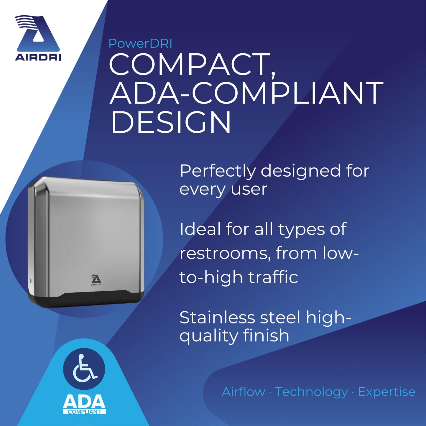 Airdri PowerDRI Automatic Hand Dryer - .8kW Low Energy Motor - 10-Sec. Dry Time - H13 HEPA Filter - 75dBA Noise Output - ADA Compliant - Ideal for High-Traffic Businesses and Venues - Stainless Steel