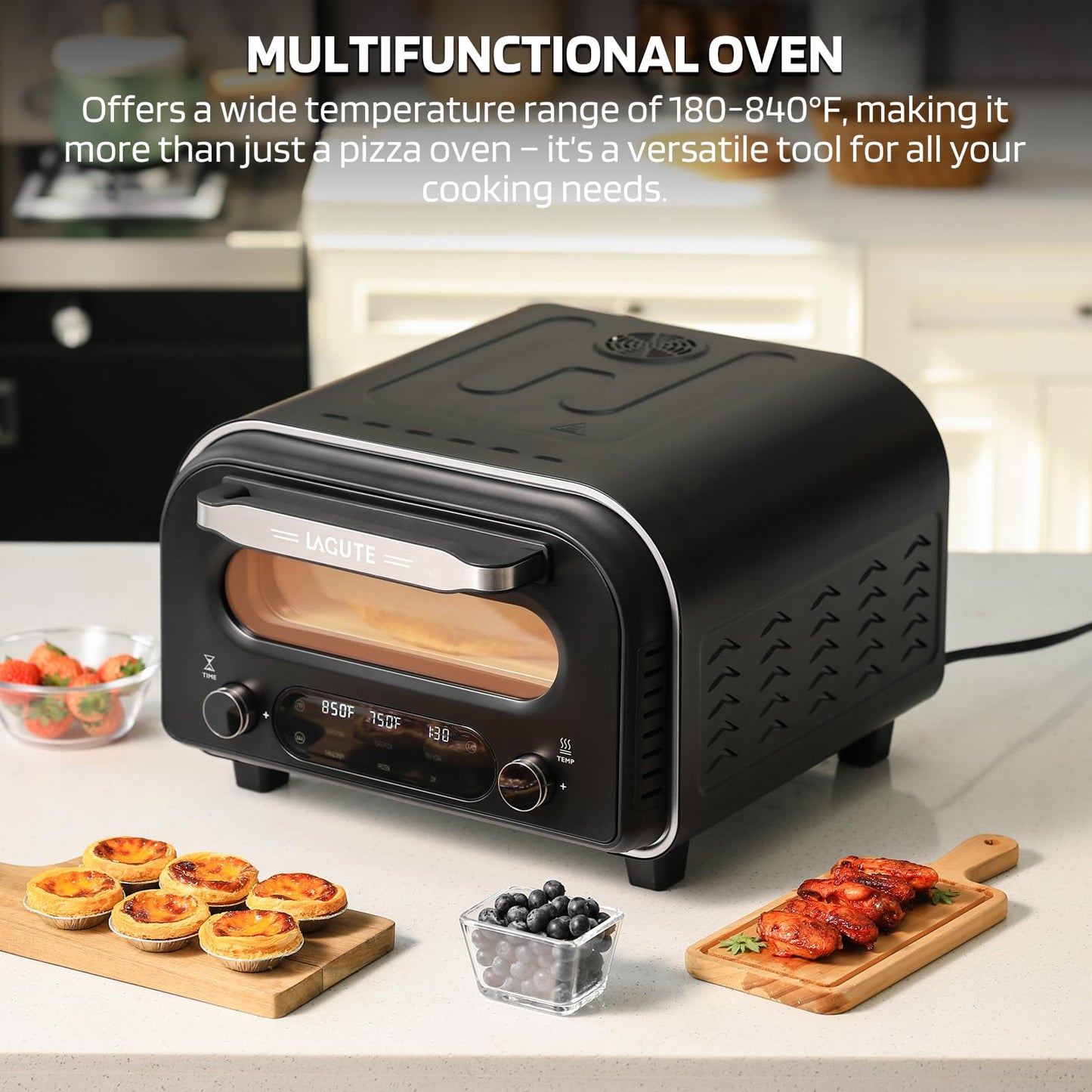 Lagute Electric Pizza Oven - 12-Inch Countertop Indoor Pizza Maker with 6 Presets, 850°F High Heat, Dual Heating Components, Pizza Stone & Peel Included