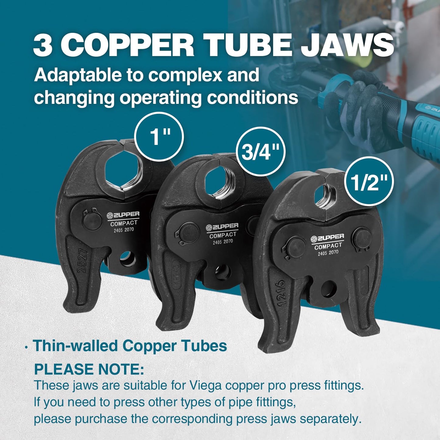 ZUPPER Press Tool, 18V Electric Pipe Crimping Tool for 1/2", 3/4", 1" Copper Pipes, Compact Press Tool Kit Suitable for Copper ProPress fittings - with Brushless Motor, 3 VUS Press Jaws, 2pcs Battery