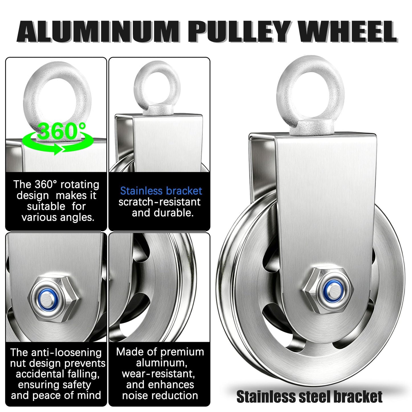 8 Pack Silent Aluminium Alloy Gym Cable Pulley Wheel for Home DIY Gym Pulley System, 304 stainless steel bracket, 3.54 in/90mm Gym Pulley for Max.660LBS Load, Suitable for Lat Pulldown&cable exercises