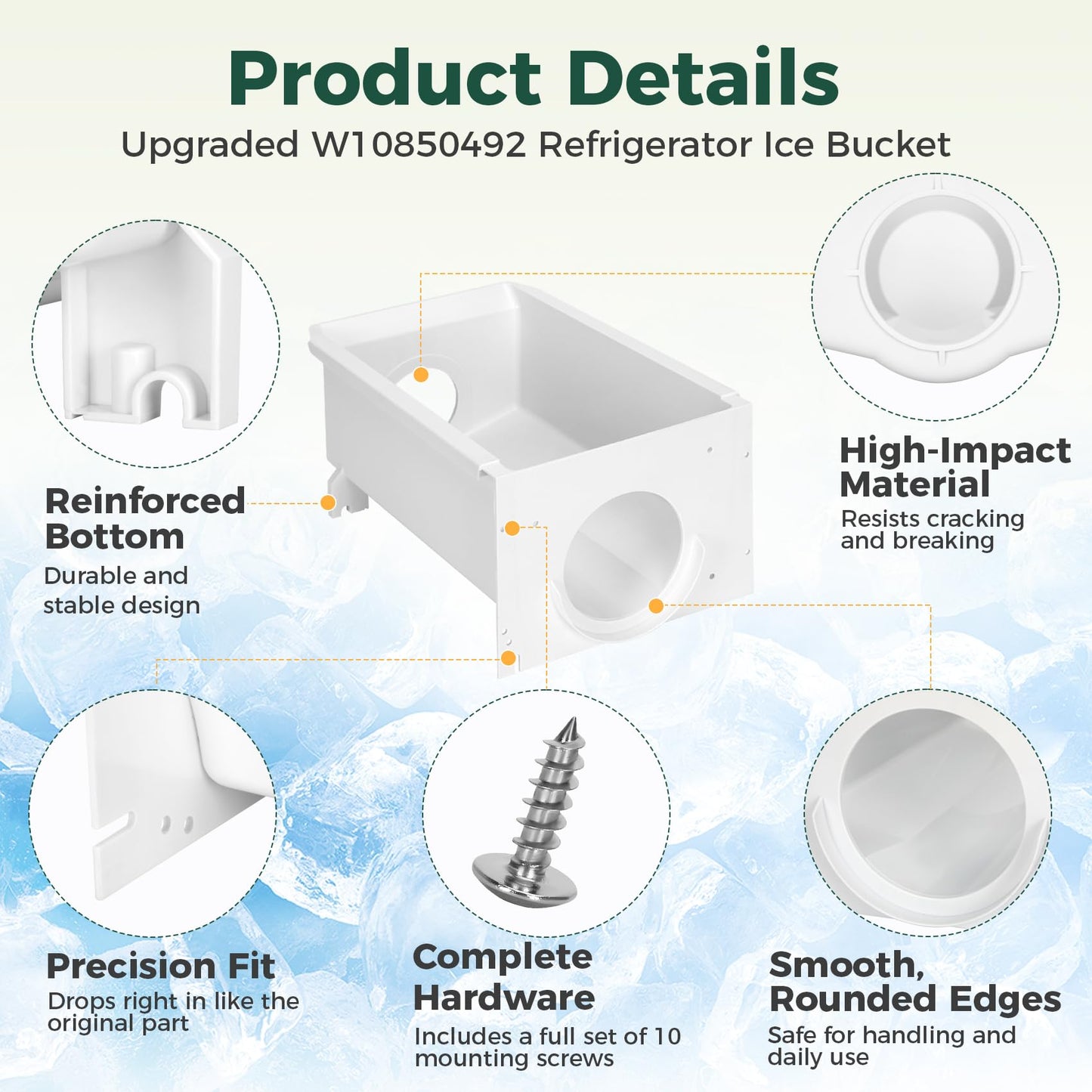 Upgraded W10850492 Ice Bucket Replacement Parts, Compatible with Whirlpool, Amana, Maytag, Kenmore Ice Container, Fits W10138193, W10670844, AP5989704, PS11731153,4378073, EAP11731153