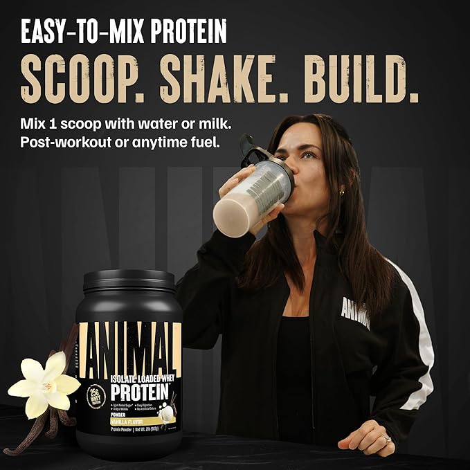 Animal Whey Isolate Protein Powder - Loaded for Pre & Post Workout Muscle Builder and Recovery with Digestive Enzymes for Men & Women - 25g Protein, Great Taste, Low Sugar - Vanilla 2 lbs