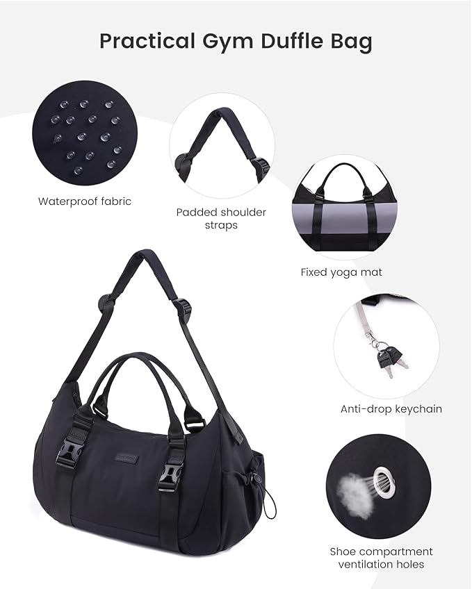 LOVEVOOK Gym Bag for Women Men, duffle bag for travel with shoe compartment, Small Gym Tote Dry Wet Separation, Multipurpose Weekender Overnight Bag, Lightweight Carry On Bags, Black