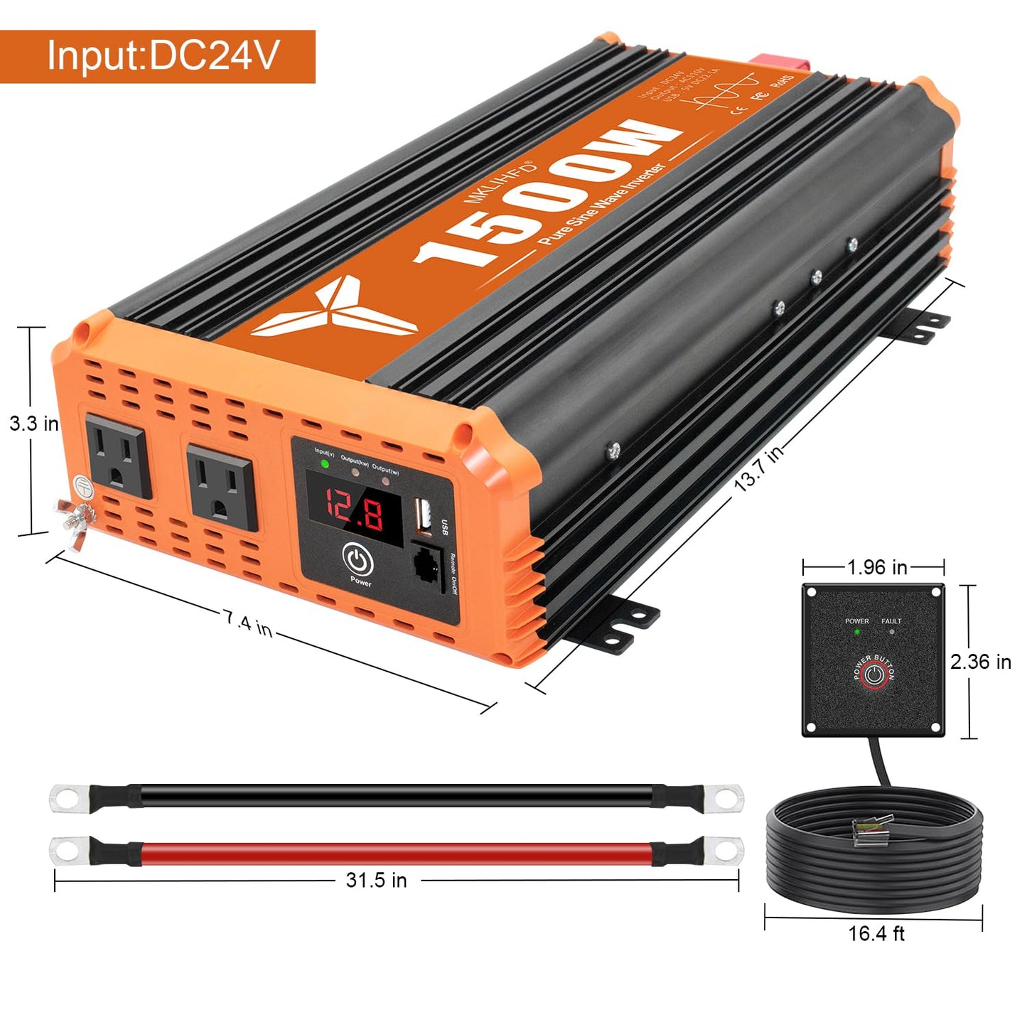 MKLIHFD 1500 Watt Pure Sine Wave Power Inverter 24V DC to 120V AC, 3000W Surge Peak Power, Inverter for RV, Truck, Solar, Campers with 2 AC Outlet, 5V 2.0A USB, Remote Control Compatible with Lithium