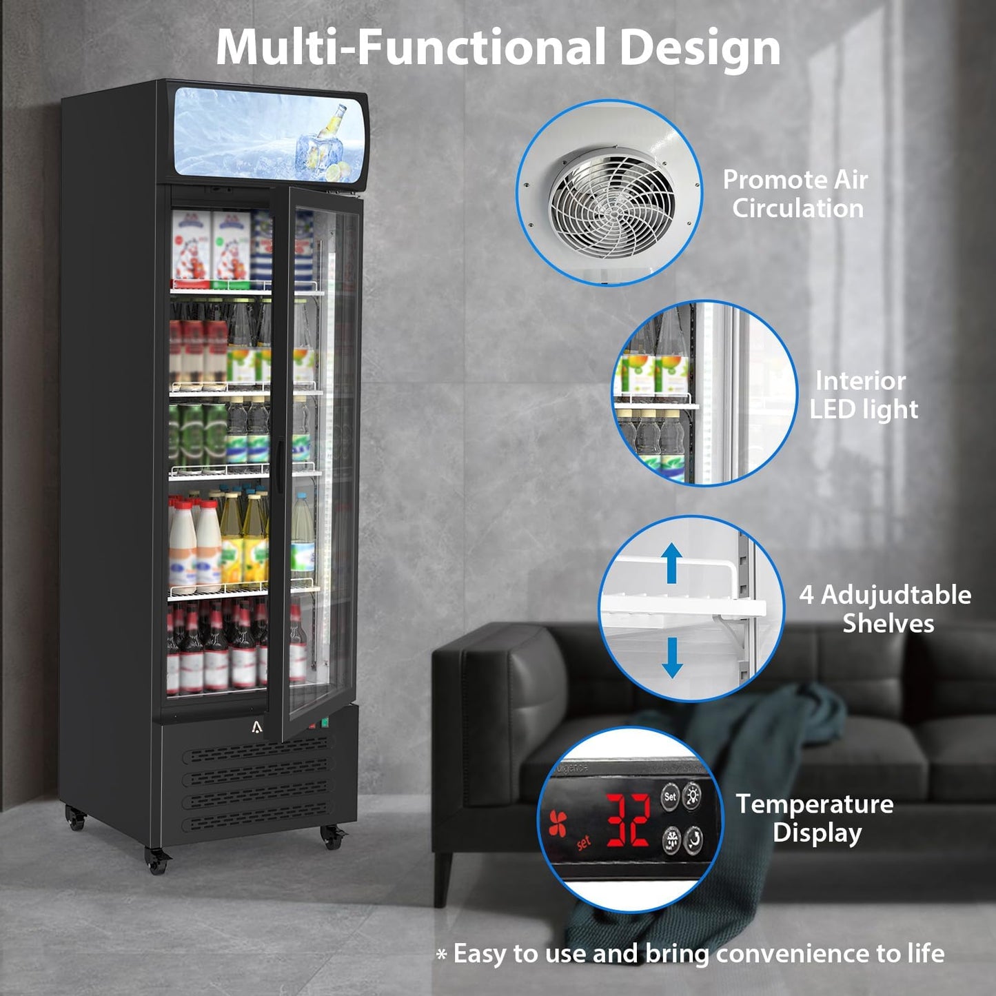 PeacefulHues 13.4 Cu.Ft Commercial Display Refrigerator,Glass Door Beverage Cooler with Adjustable Shelves,LED Lighting & Advertising Panel, Mobile Design