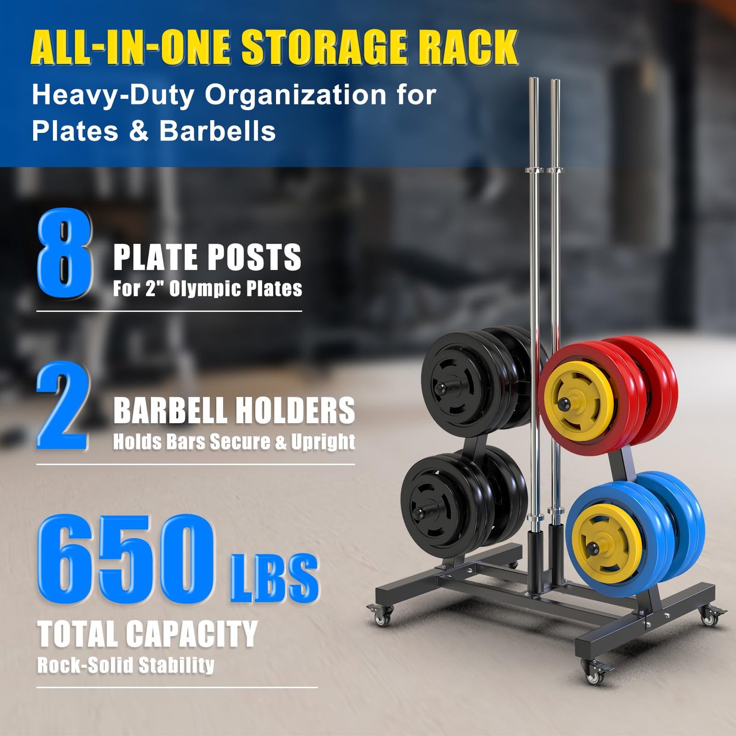 Kipika Weight Plate Tree Rack, Weight Holder for 2 inch Olympic Weight Plate & 2 Barbell Holders, Heavy Duty Bumper Plate Storage Organizer for Home Gym with Optional Wheels (B-Black (with Wheels, 550 LBS))