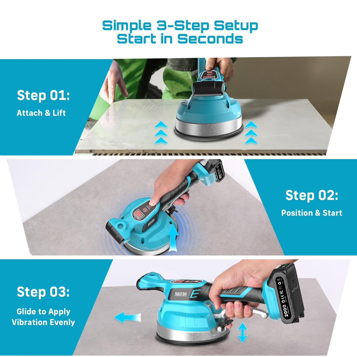 SEESII Tile Vibration Tool 160mm: Vibration Leveling Machine 10-Hours Long Lasting, Tile Vibrator With 12 Speeds For Laying Floor Wall Larger Tiles(6"X6" - 48"X48"), Tile Installers DIYer (KP-160B)