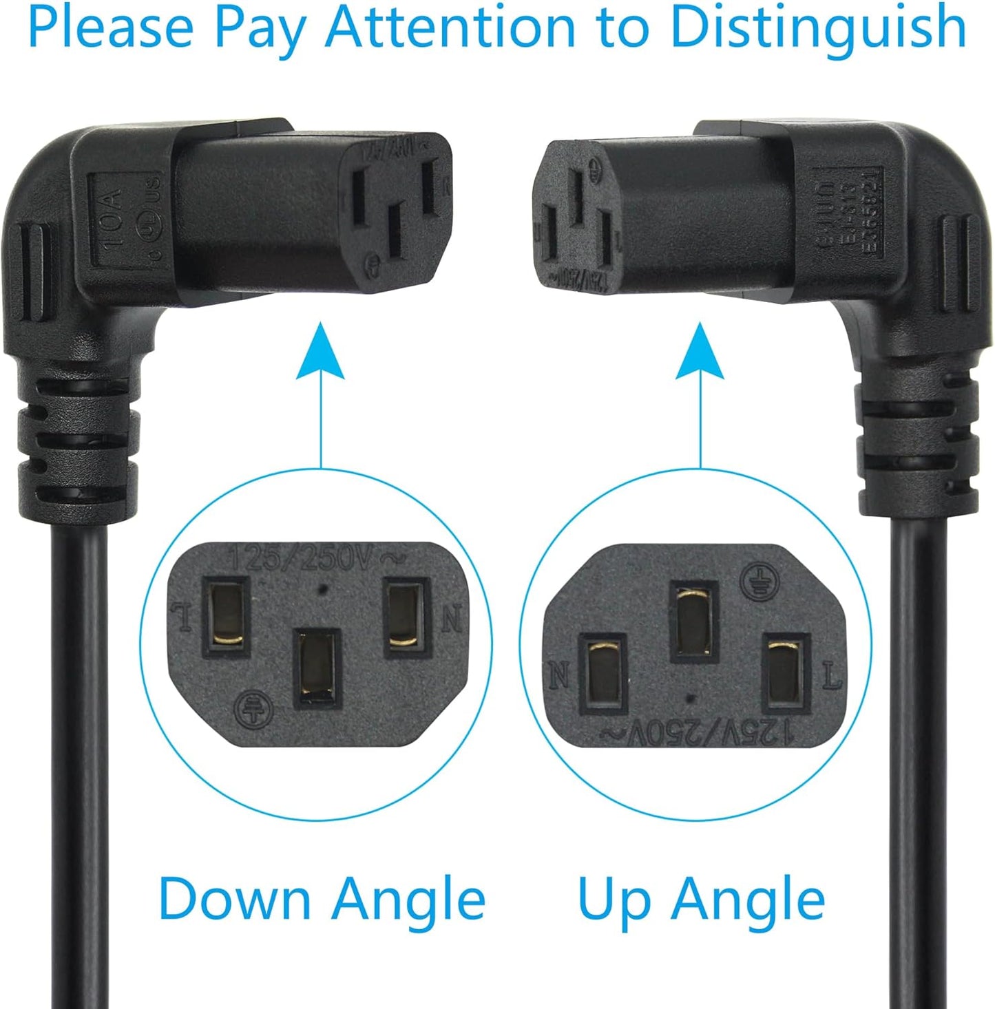 Maixbomr 3 5.9ft/1.8m,Down 10A 250V 18AWG 5-15P C13 C13 Prong AC Power Cord Angle to Power Cable,for PC