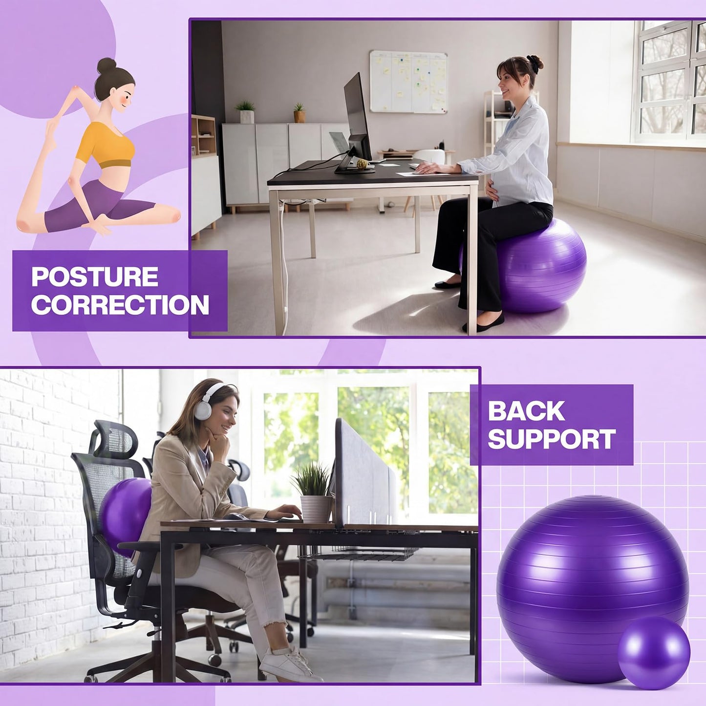 Sotiff Exercise Ball Set, Yoga Ball and Pilates Set for Workout Pregnancy Stability 23-26 Inch and 9 Inch Anti-Burst with Foot Pump for Office, Home and Gym (Purple)