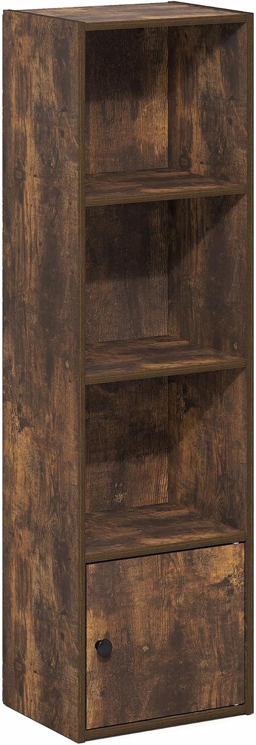 Furinno LUDER 4-Tier Bookshelf - Stylish Open Shelf & 1 Door Cabinet | Amber Pine, Perfect for Living Room & Home Office