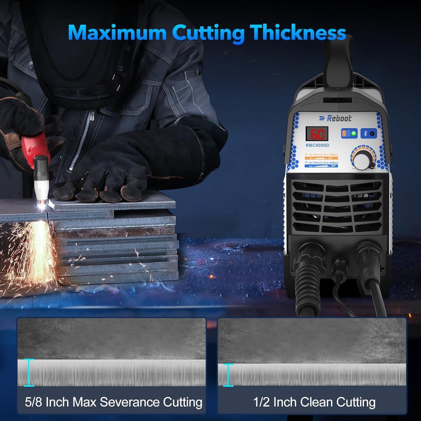 Reboot Plasma Cutter, 60 Amps Plasma Cutter Machine with 120V 240V Dual Voltage, Digital IGBT Inverter Power Plasma cutters 1/2 Inch Clean Cut New Upgrade RBC6000D