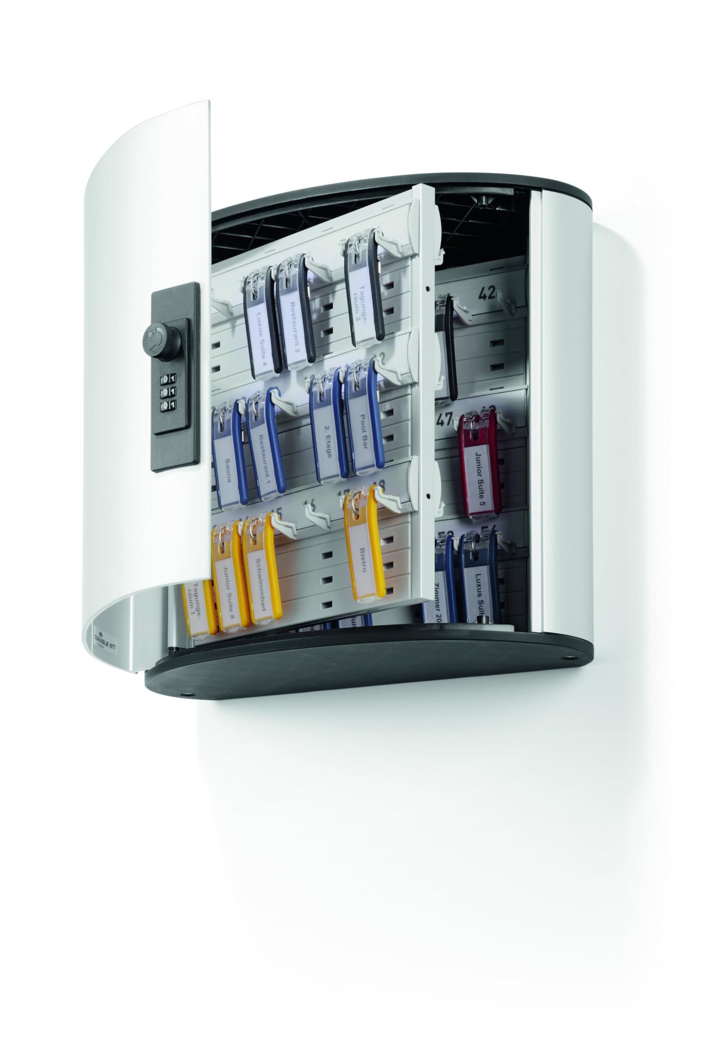 Durable Key Safe Box 54 - Wall Mounted Lockable Key Holder Cabinet with Combination Lock Holds 54 Key Clip Keys - Securely Locks Keys - Aluminum Key Safe Including 6 Key Clip Tags