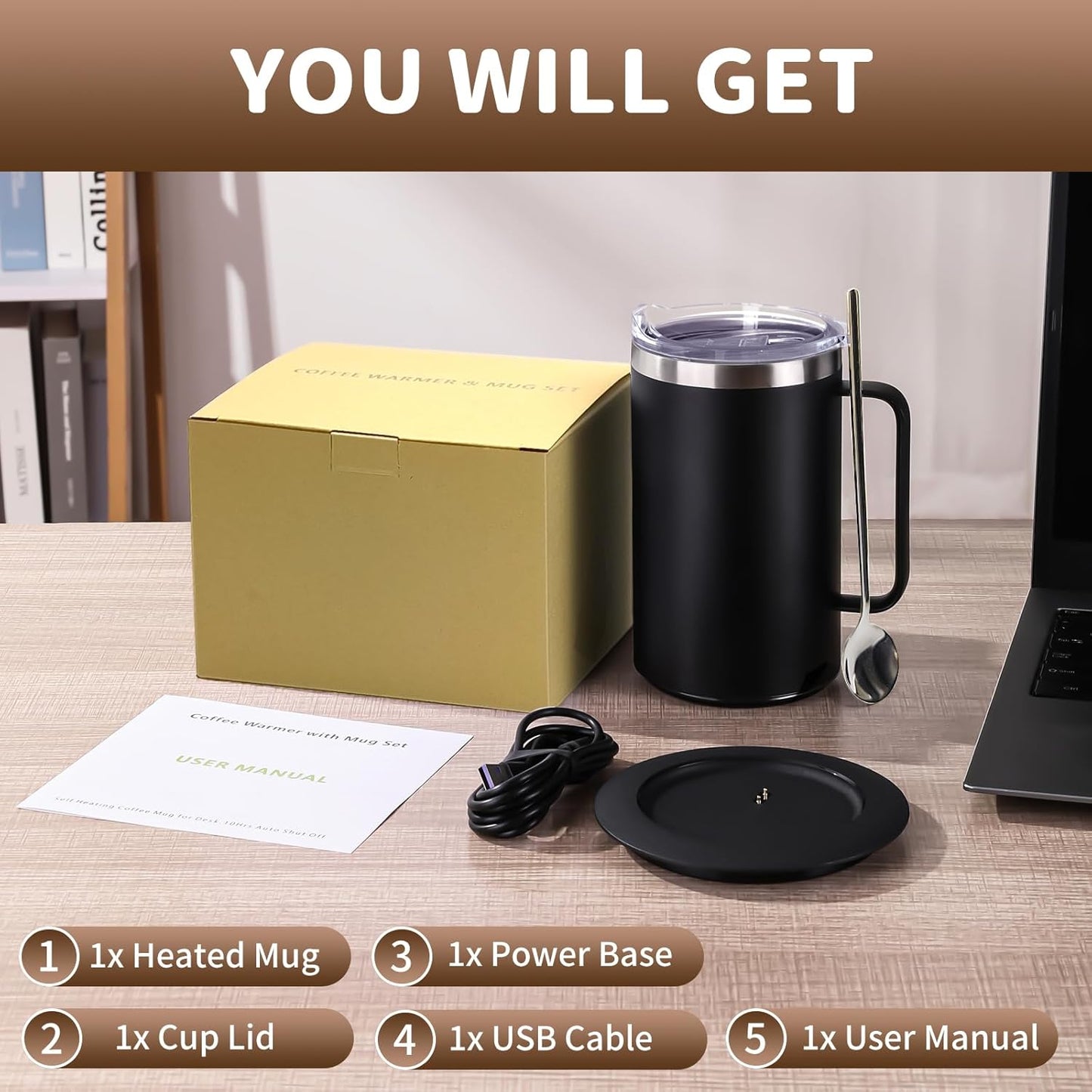 YIMUBREEZ 10Hrs Set (17oz-Black) Smart Temperature Control Coffee Mug for Desk,Heated Cup with Auto Shut Off, USB