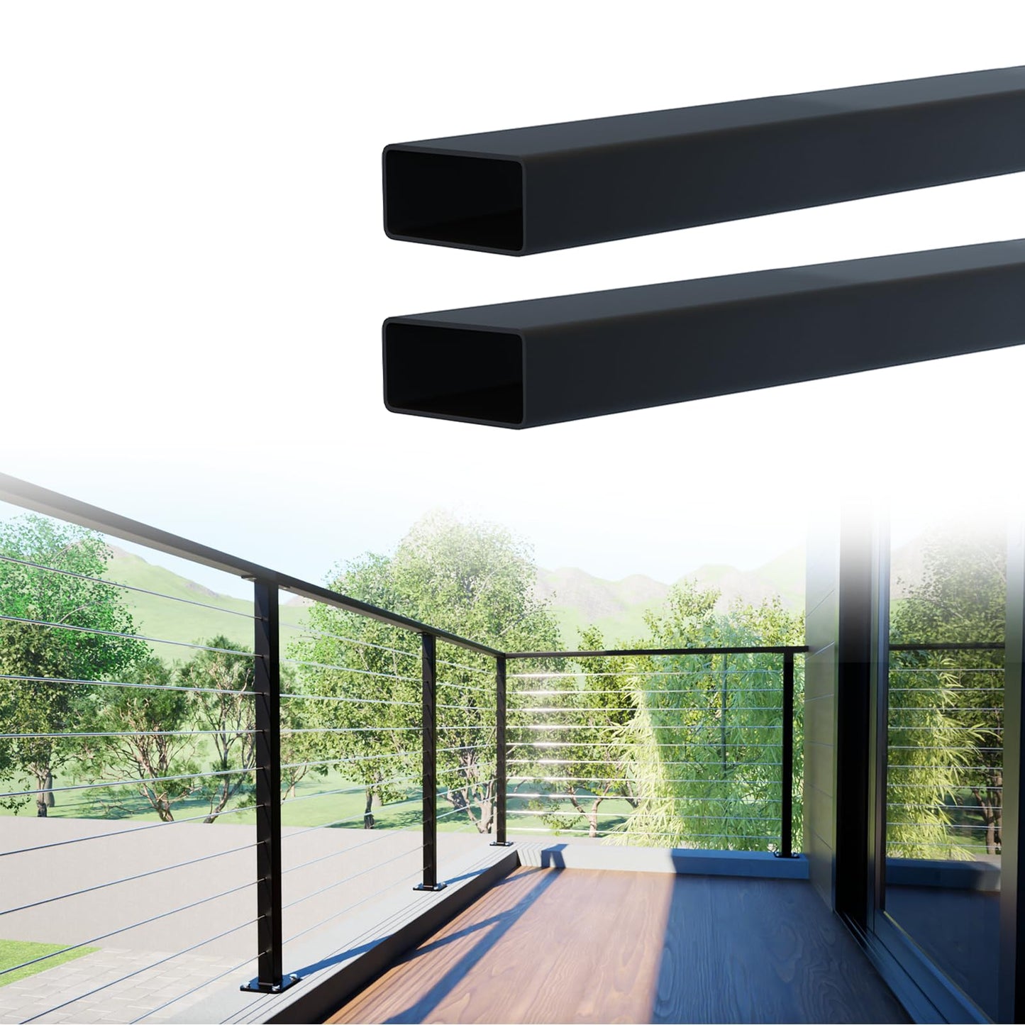 Dawn Railing 2 Pack 6'6" Black Rectangle Cable Railing Handrail 1"x2" Stainless Steel Handrail, Modern & Durable Flat Top Rail Black Powder Finishing Surface for Cable Railing System Kit Deck Stair