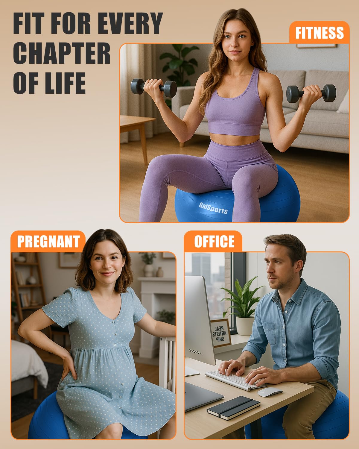 GalSports Yoga Ball for Exercise & Physical Therapy, Anti-Burst Stability Ball, Slip Resistant, Home Gym Fitness, Balance Chair