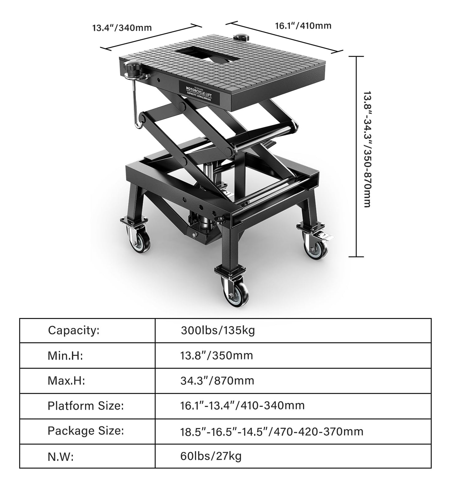 HUGOASIS 300 LBS Heavy Duty Motorcycle Scissor Lift Table, Portable Hydraulic Lift Jack with Wheels, 13.8" to 34.3" Lift Range, 16.1"x13.4" Platform for Motorcycle, Dirt Bike, Scooter Maintenance
