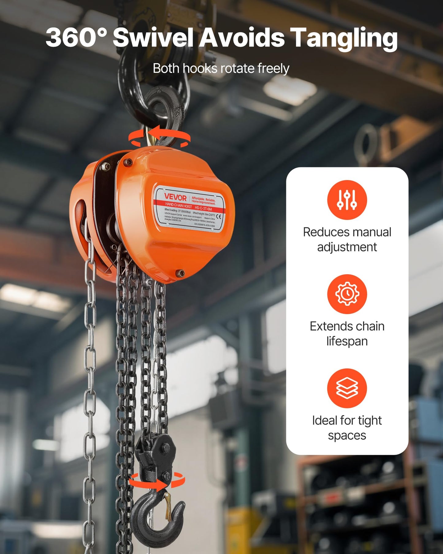 VEVOR Hand Chain Hoist, 3 Ton 6600 lbs Capacity, Manual Chain Block with Upgrade G80 Galvanized Chain, 20 ft Lifting Height, Heavy Duty Pulley Hoist for Garage Warehouse Automotive Machinery, Orange