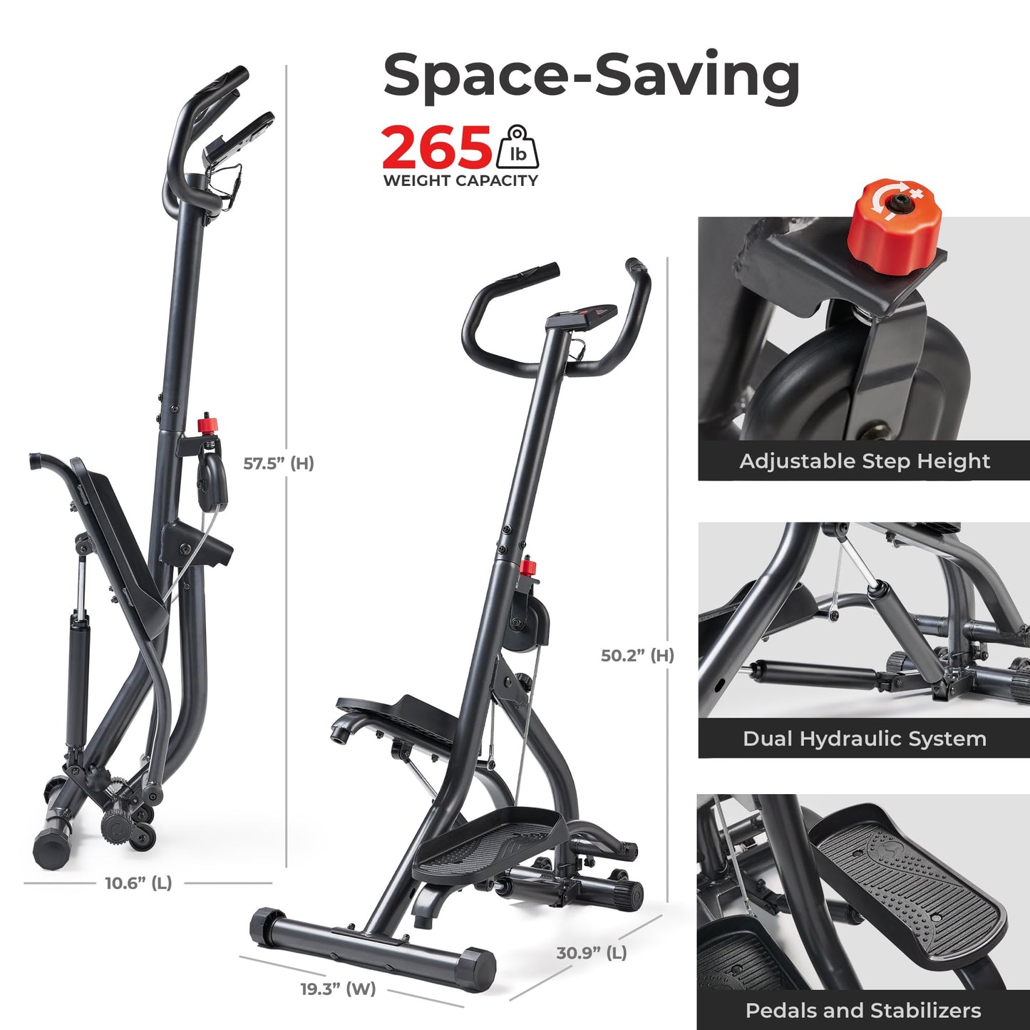 Sunny Health & Fitness 16.9-Inch Mountain Climb Stair Stepper with Handlebar, SunnyFit App Trainer-Led Workouts, Low-Impact Full-Body Cardio, Compact Folding Design - SF-S021001