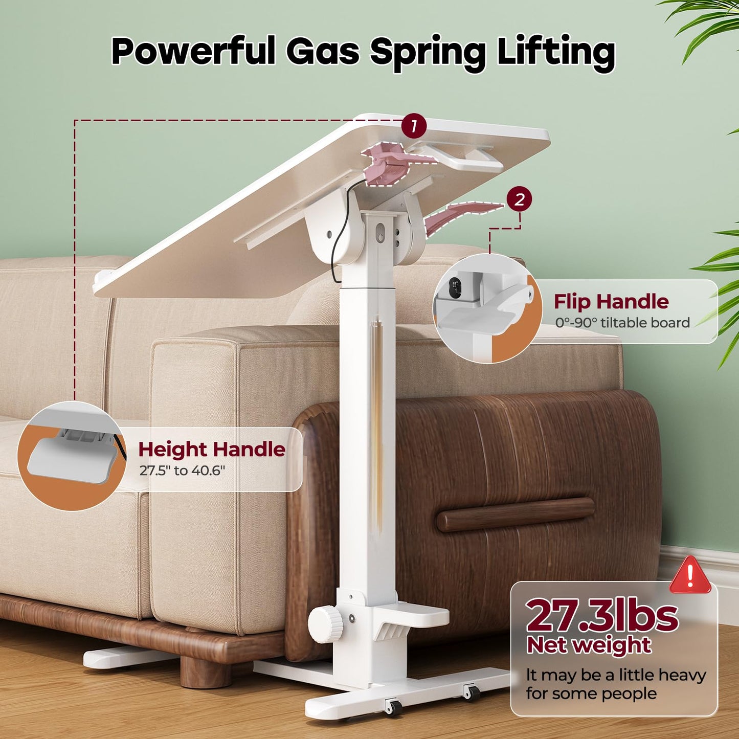 JYLH JOYSEEKER Foldable Mobile Standing Desk, 27 Inch Small Rolling Laptop Cart Height Adjustment, 90° Tiltable Bedside Table, No Assembly Needed Portable Computer Workstation, White