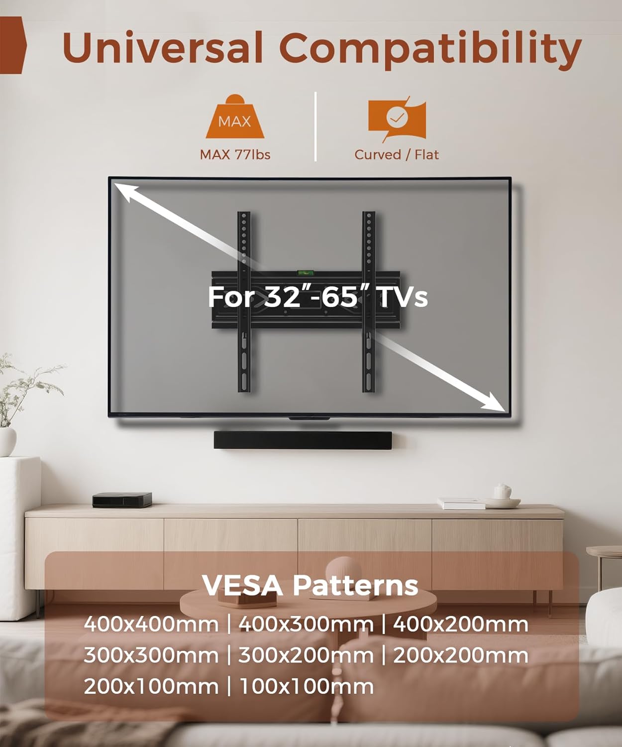 Solid As Mountain 50 55 65 inch 32-65 inch 400x400mm, 12" 16" 77 lbs TV Wall Mount for TVs, Full Motion Wall Mount TV