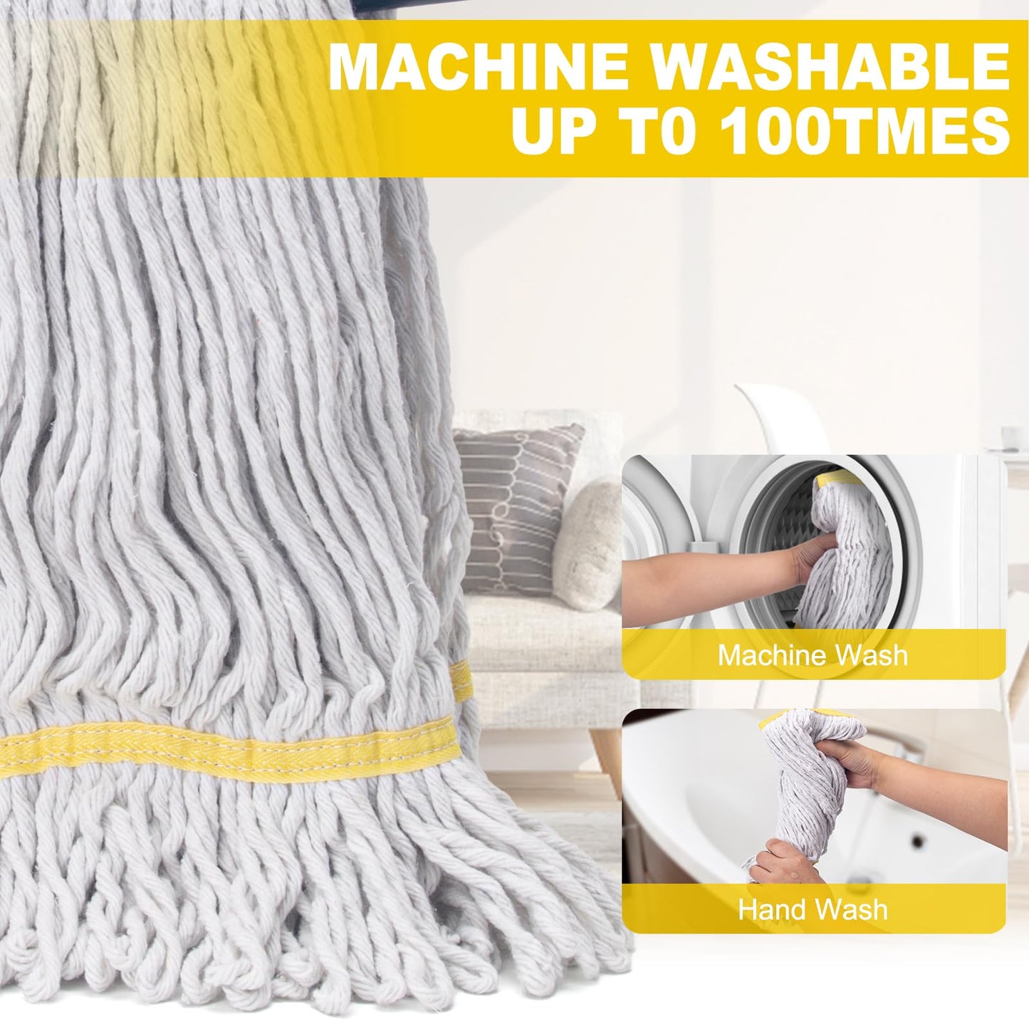 Commercial Mop with 3 Extra Large Replacement Heads,59" Long Handle Heavy Duty Industrial Mops for Floor Cleaning,Looped-End String Wet Cotton Mop for Home,Kitchen,Office,Garage,Concrete/Tile Floor