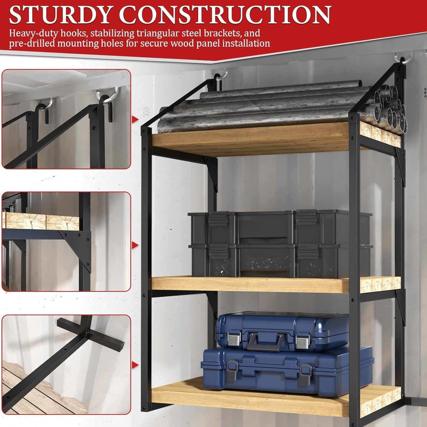 iyrany Universal Shipping Container Accessories 4 Pack – Heavy Duty Brackets. 3-Tier Steel Shelving & Shelves System. 52"x22" Storage Rack for Garage, Warehouse, Industrial Shipping Container