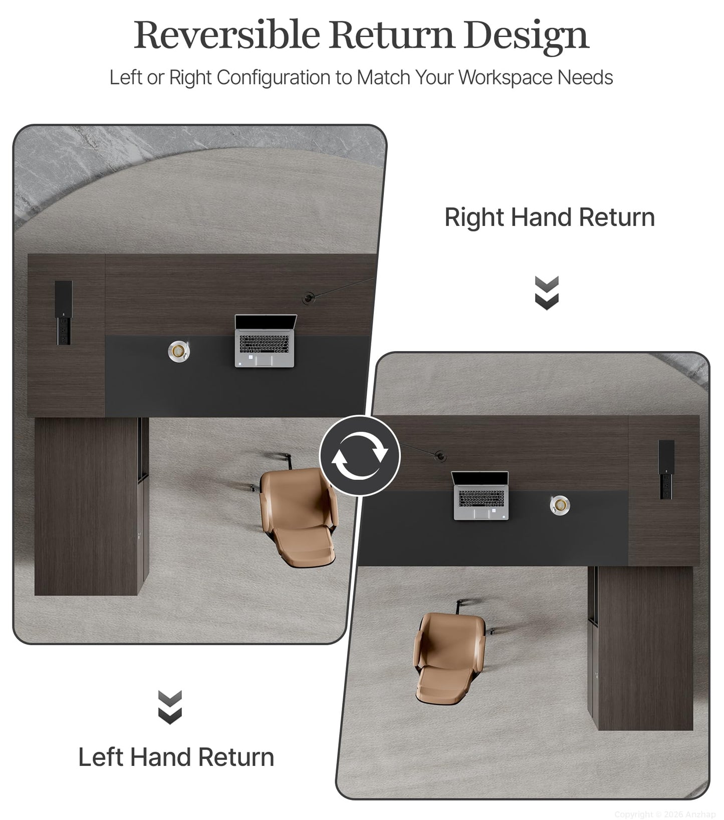 87" Reversible L-Shaped Executive Desk with Drawers, Modern Large Office Desk with Open Shelves, Ventilated CPU Compartment, Built-in Outlet & USB Ports – Home Office Desk (87"L x 69"W x 30"H)
