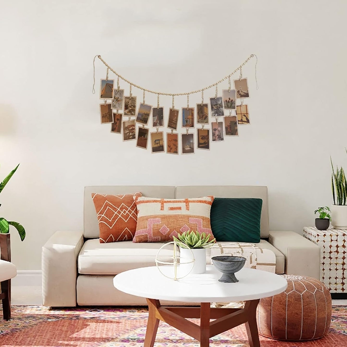 Wooden Bead Garland Photo Display by [Brand Name] - Boho Style Hanging Collage with 22 Clips for Dorms & Bedrooms