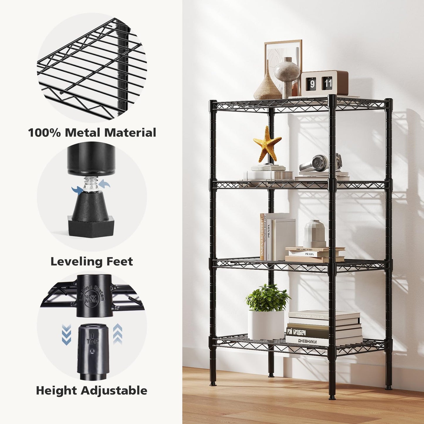 DUMOS 4-Tier Metal Wire Storage Shelves, Adjustable Standing Storage Rack Shelf, Heavy Duty Steel Shelving Unit Organizers for Kitchen Bathroom Pantry Garage, 23.3" W×13.4" D×47" H, Black