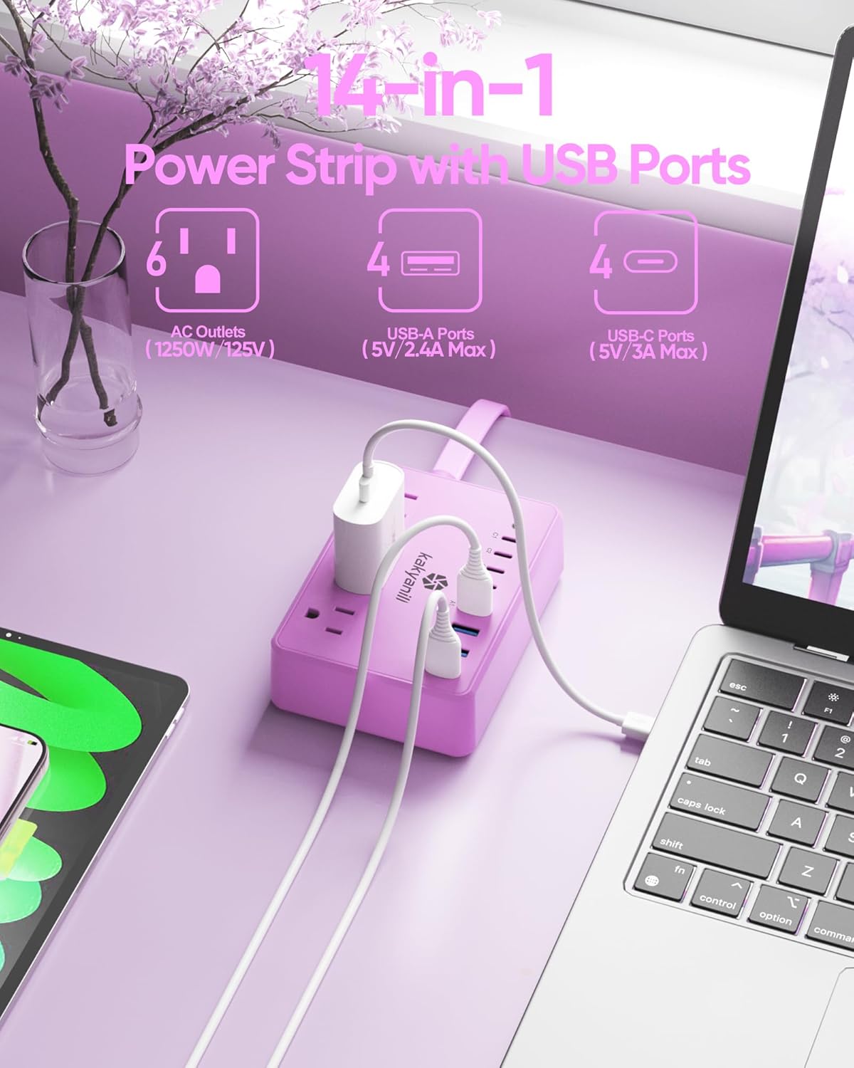 kakyanill 6 8 Ports(4 2000J 5ft Purple Power Strip, AC Outlets USB USB C) with Surge Protector, Flat Plug Purple