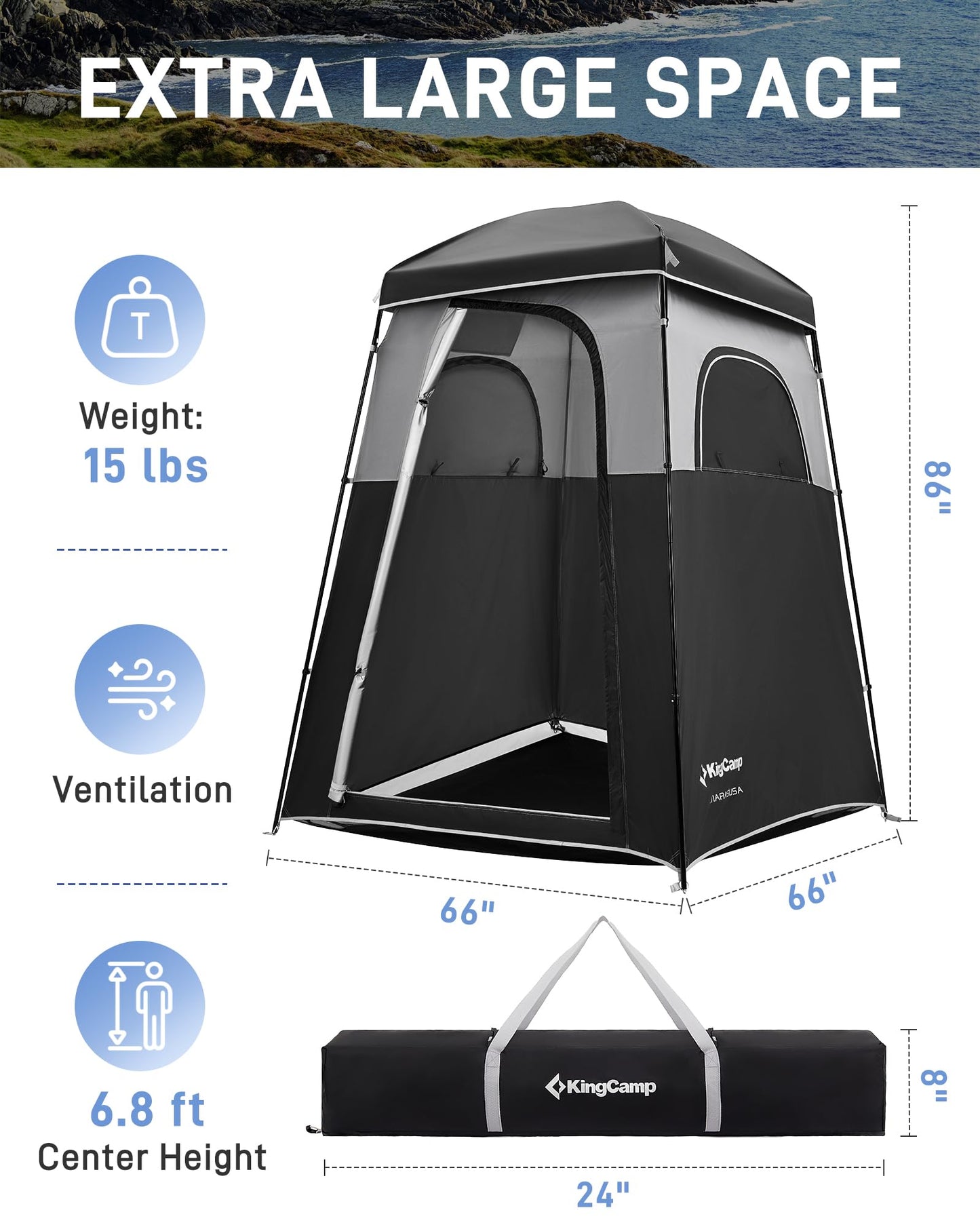 KingCamp Oversize Space Privacy Tent, Portable, Waterproof, Tall, 1 Room Black Camping Toilet Tent