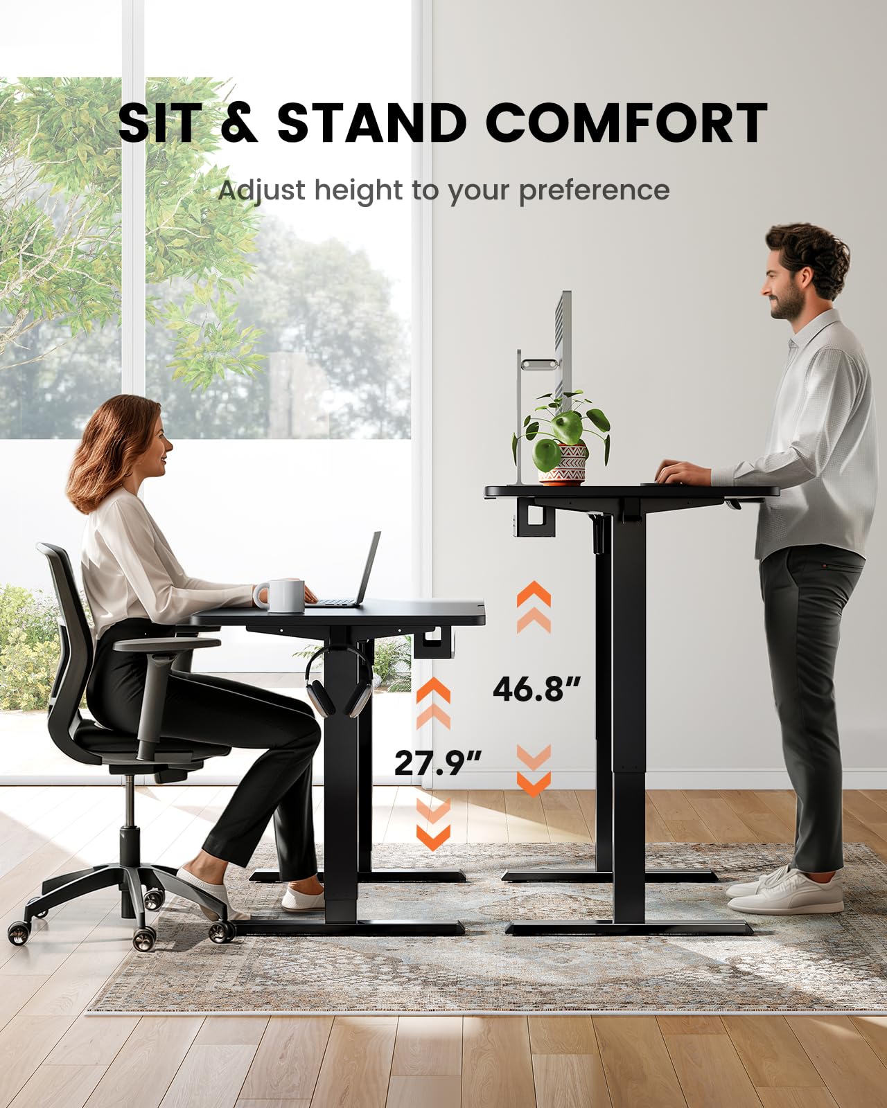 ErGear Whole Piece Standing Desk, Adjustable Stand Up Desk with Cable Management Tray, Electric Computer Workstation for Home Office, 48x24 inch, Black, EGESD64B