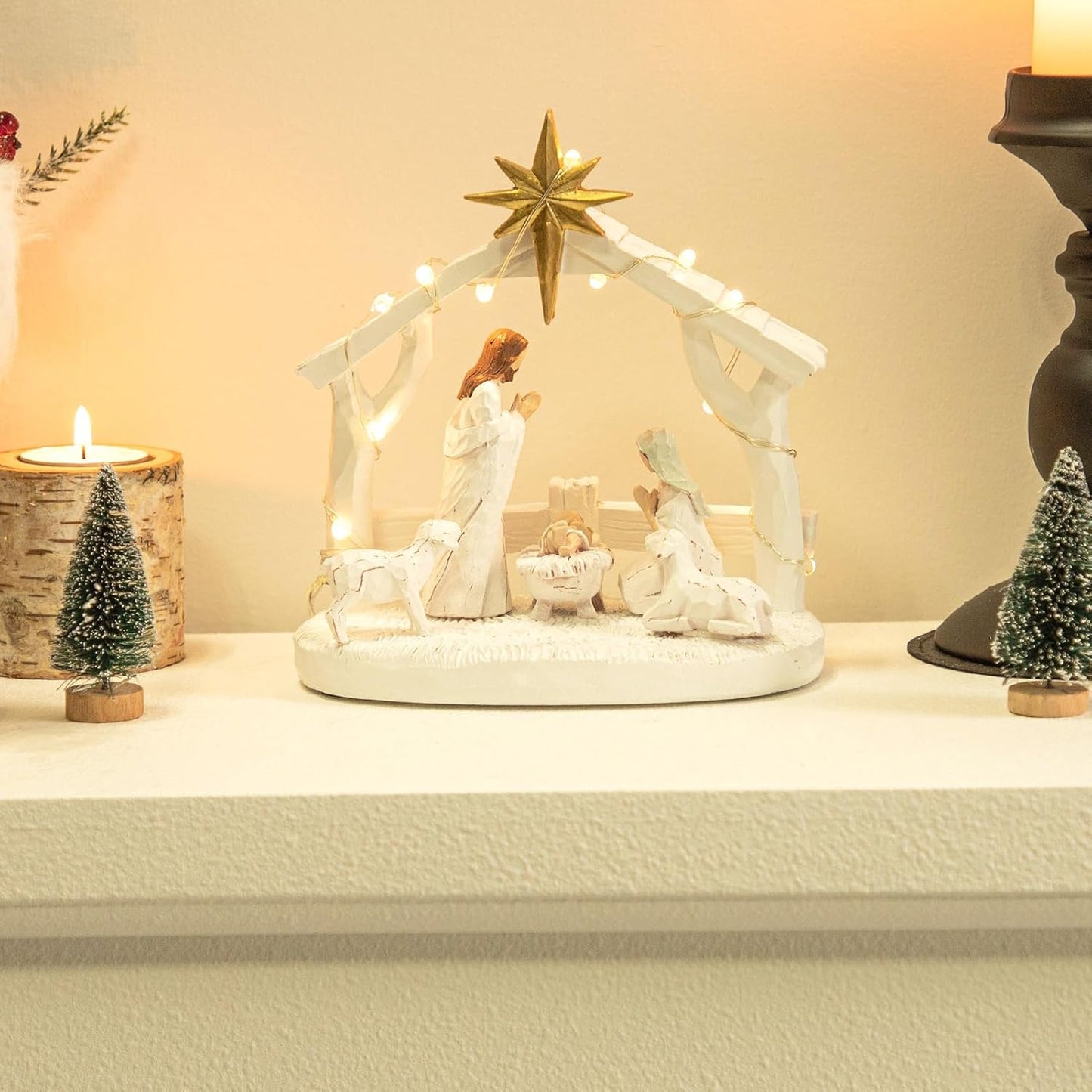 Regine Switzerland Nativity Scene - Hand-Painted Holy Family Figurine with Lights | Christmas Tabletop Decor