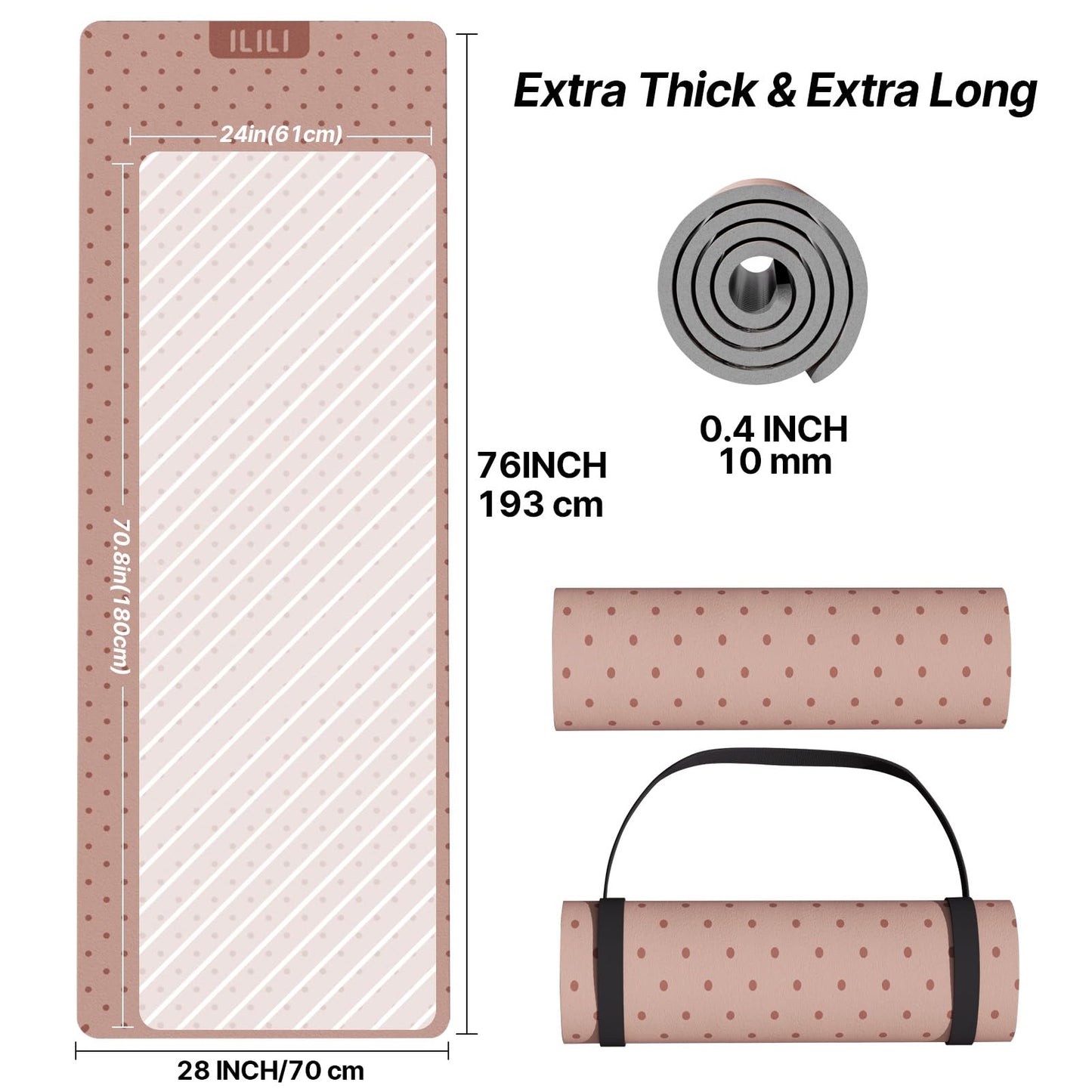 ILILI Yoga Mat 10mm Thick, Suede&TPE Exercise Mat, 76"L*28"W Extra Long, 0.4 Inches Soft and Comfortable, 193*70cm Fitness Mat with Strap, Portable for Yoga, Pilates, Floor Exercise, Home and Outdoor Use, Eco Friendly (Pinky Beige)