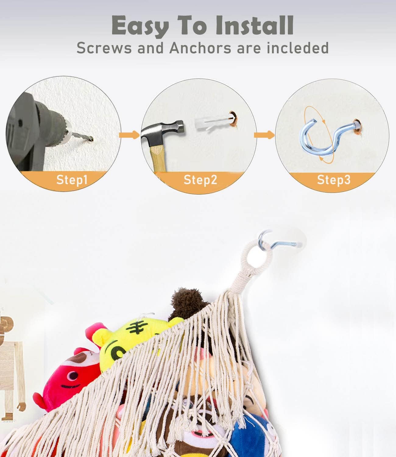 Skiennix Stuffed Animal Hammock - Extra Large 56" Long Storage Solution | Cream White Hanging Organizer