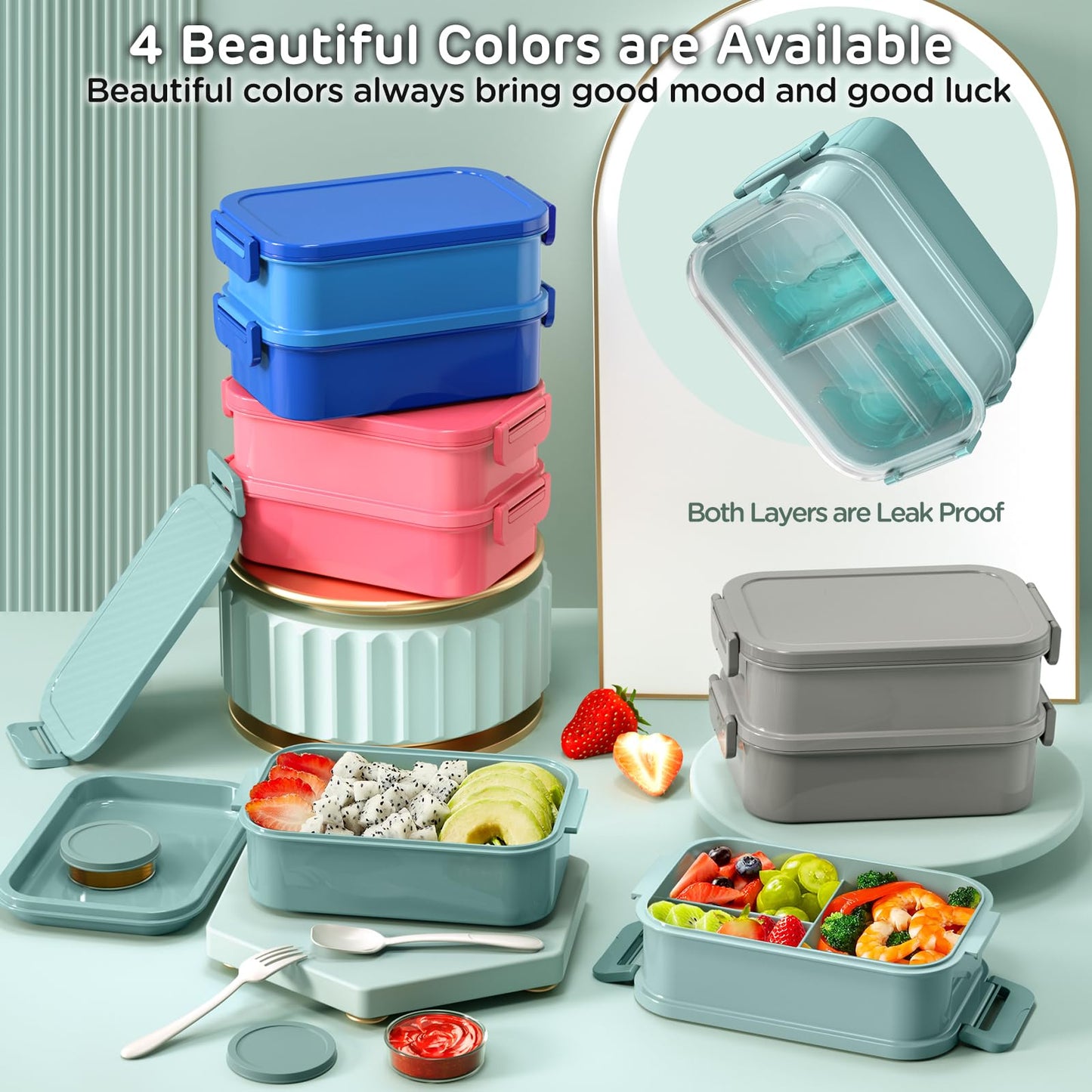 DaCool Lunch Box Adults Bento Box 74 OZ All-in-One Stackable Lunch Box Containers for Adult Large Bento Box with Fork Spoon Sauce Boxes, Leakproof Lunchbox for Work School Dining Out, Morandi-Green